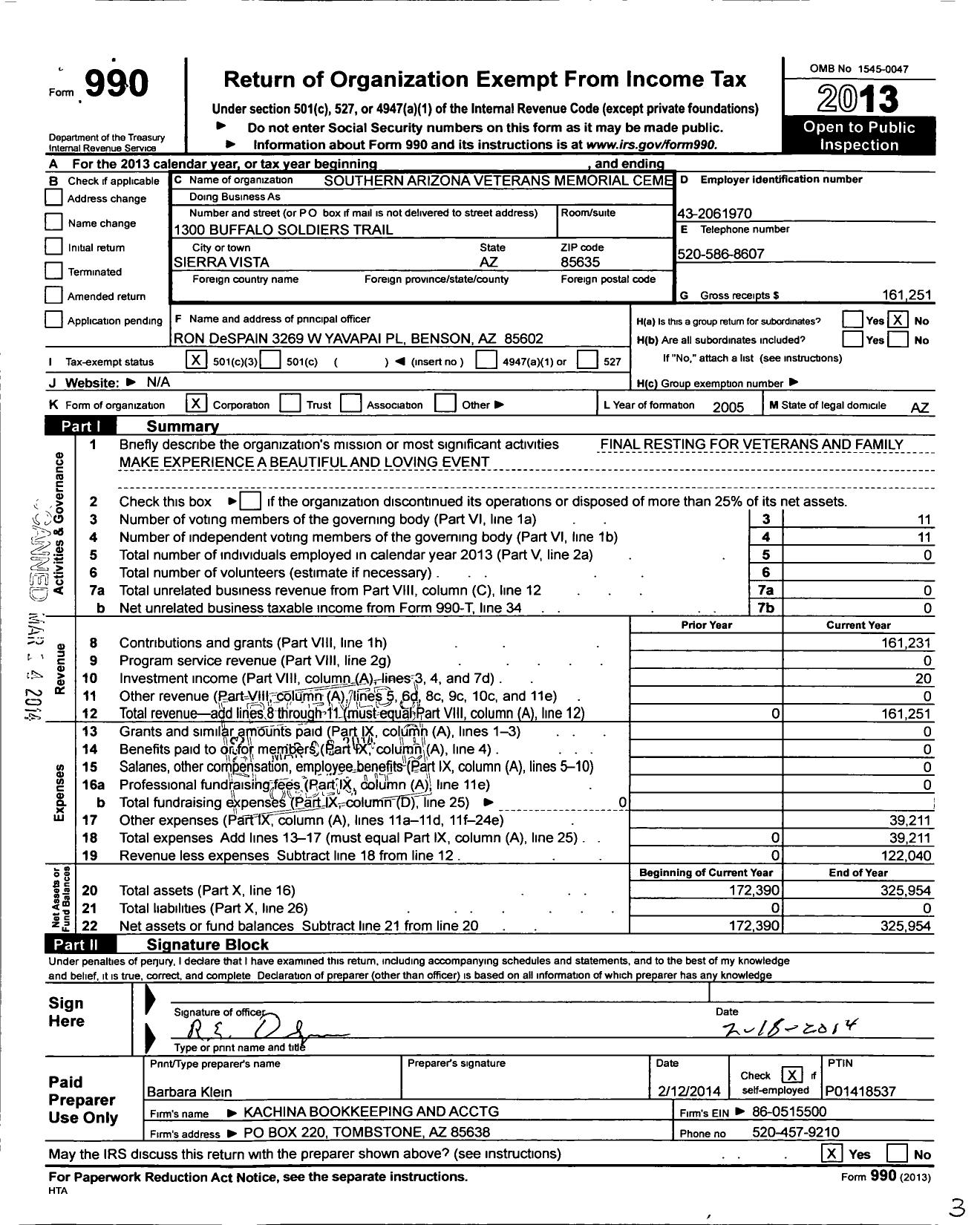 Image of first page of 2013 Form 990 for Southern Arizona Veterans Memorial