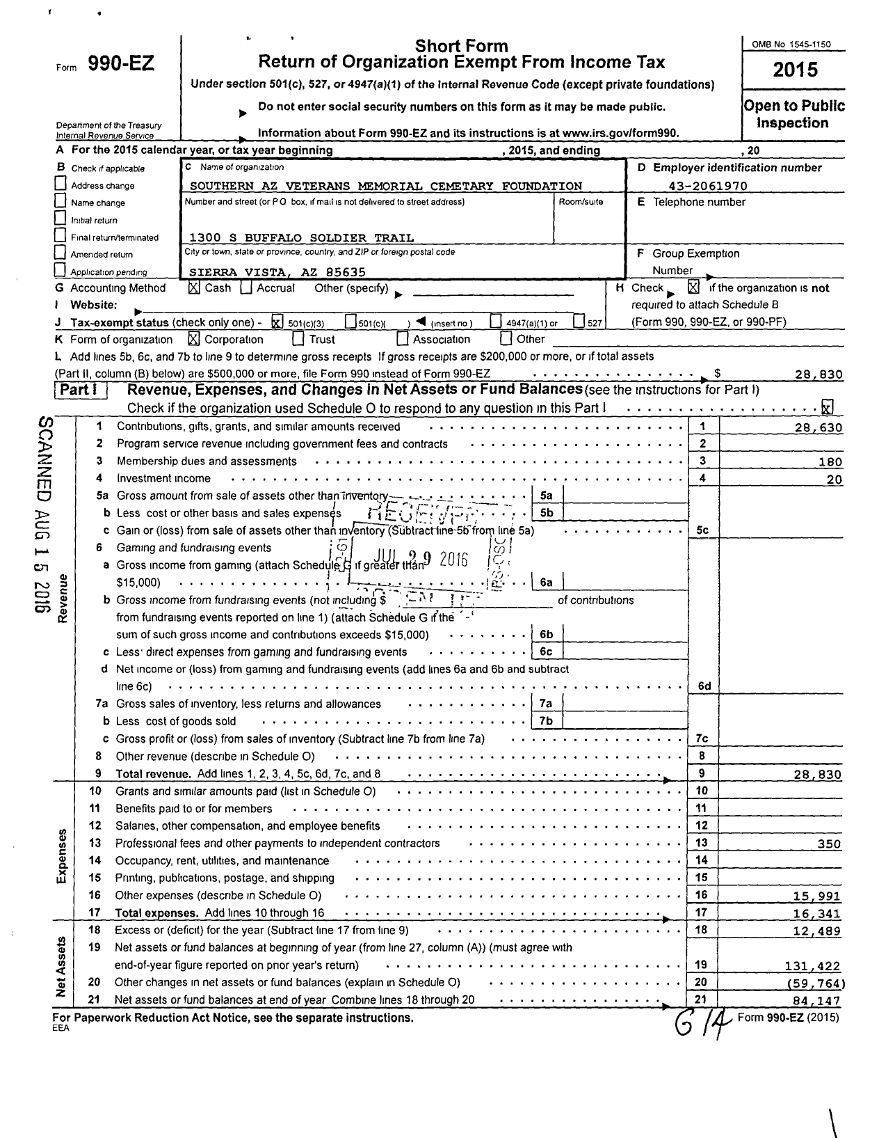 Image of first page of 2015 Form 990EZ for Southern Arizona Veterans Memorial