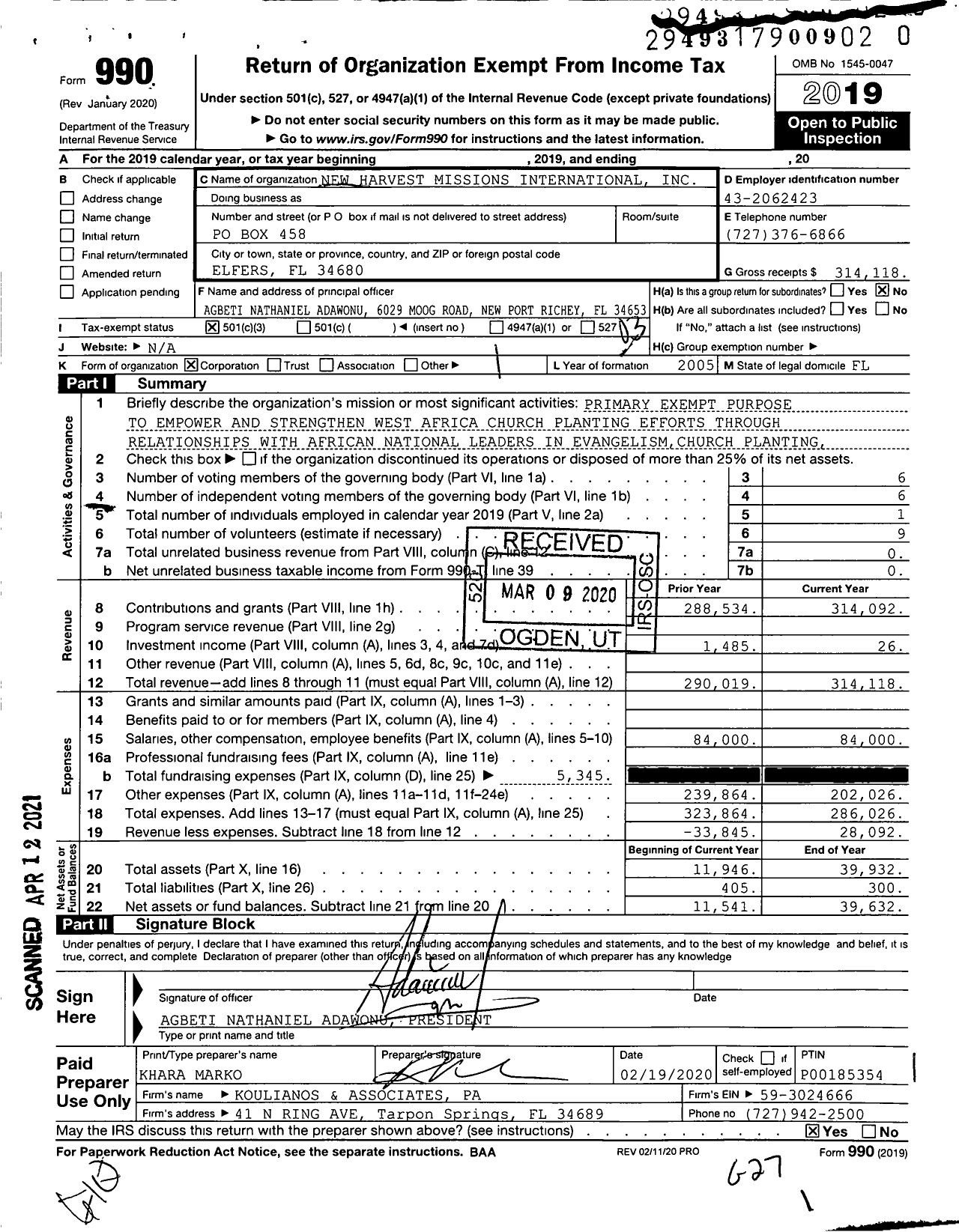 Image of first page of 2019 Form 990 for New Harvest Missions International