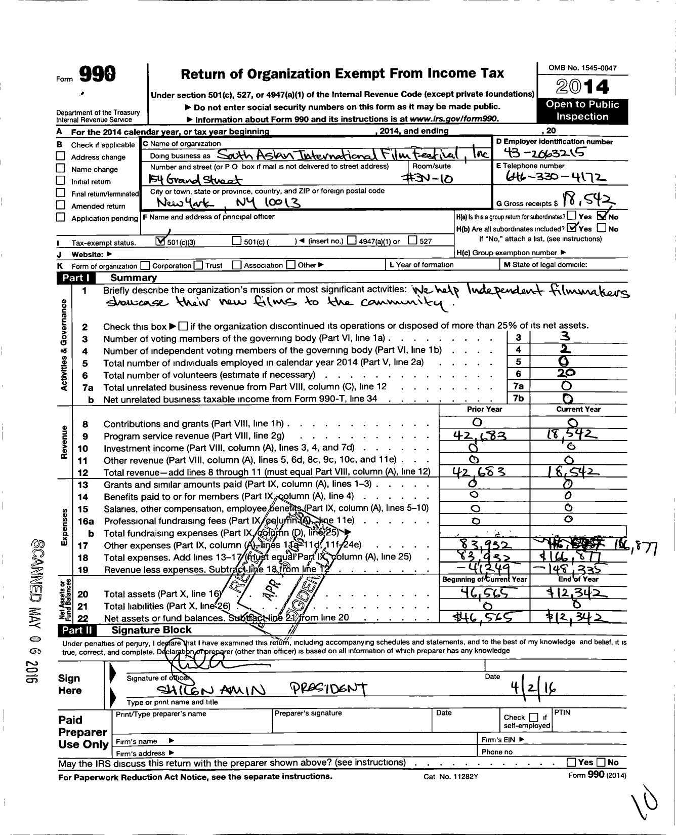 Image of first page of 2014 Form 990 for South Asian International Film Festival