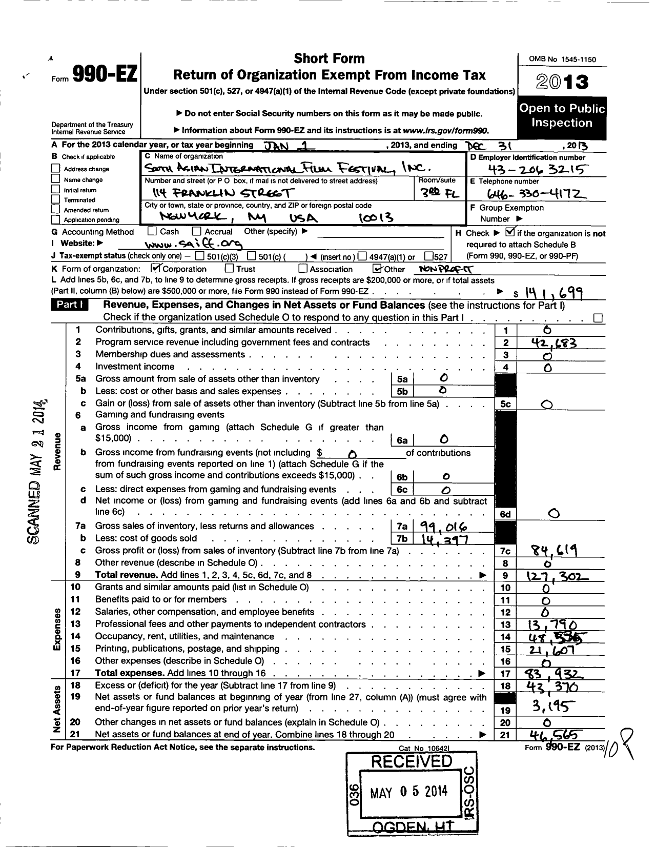 Image of first page of 2013 Form 990EO for South Asian International Film Festival