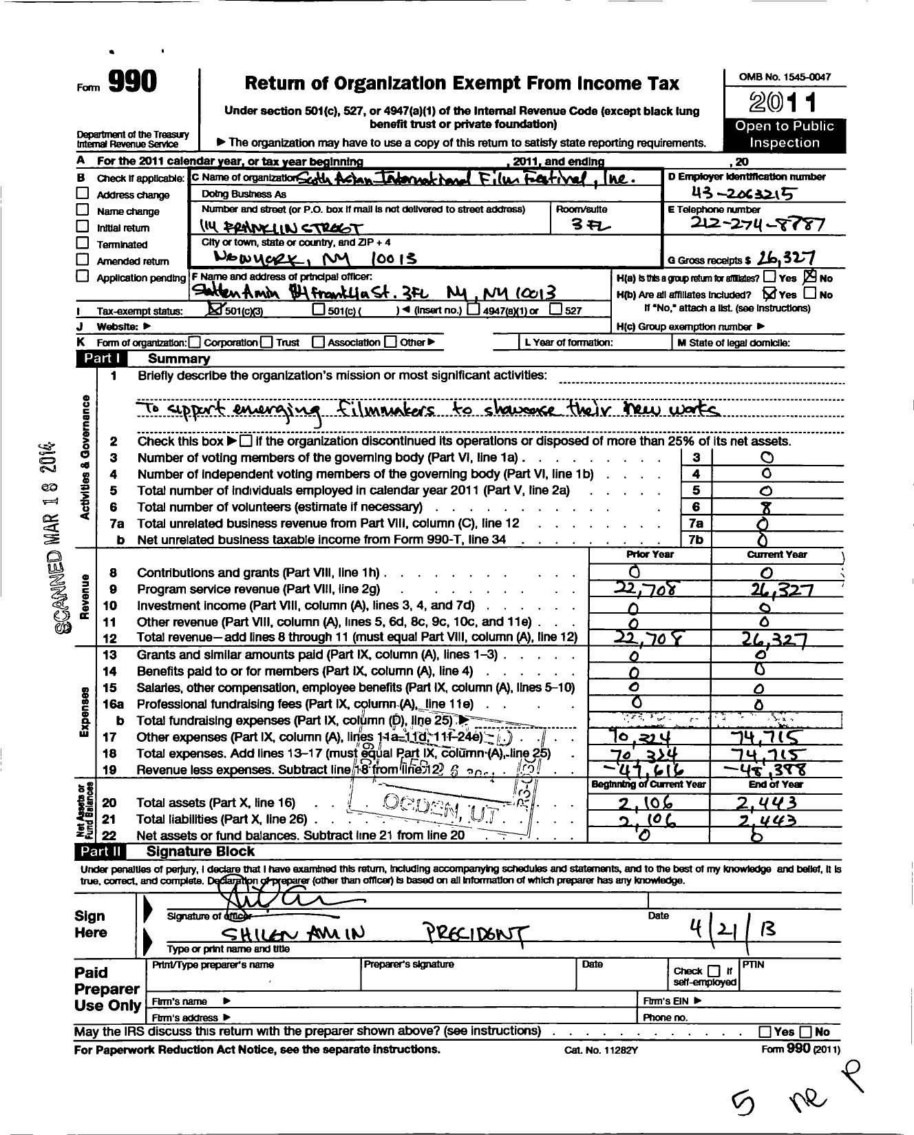 Image of first page of 2011 Form 990 for South Asian International Film Festival