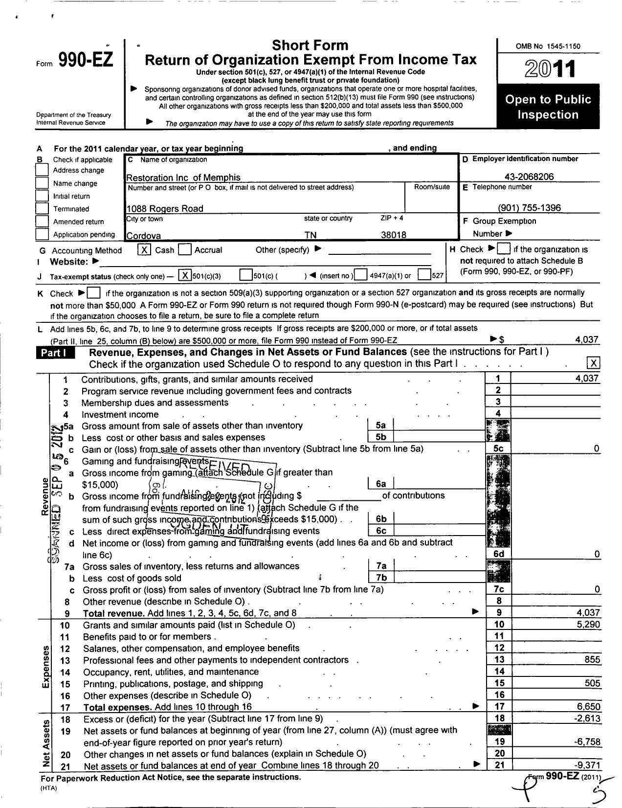 Image of first page of 2011 Form 990EZ for Restoration of Memphis