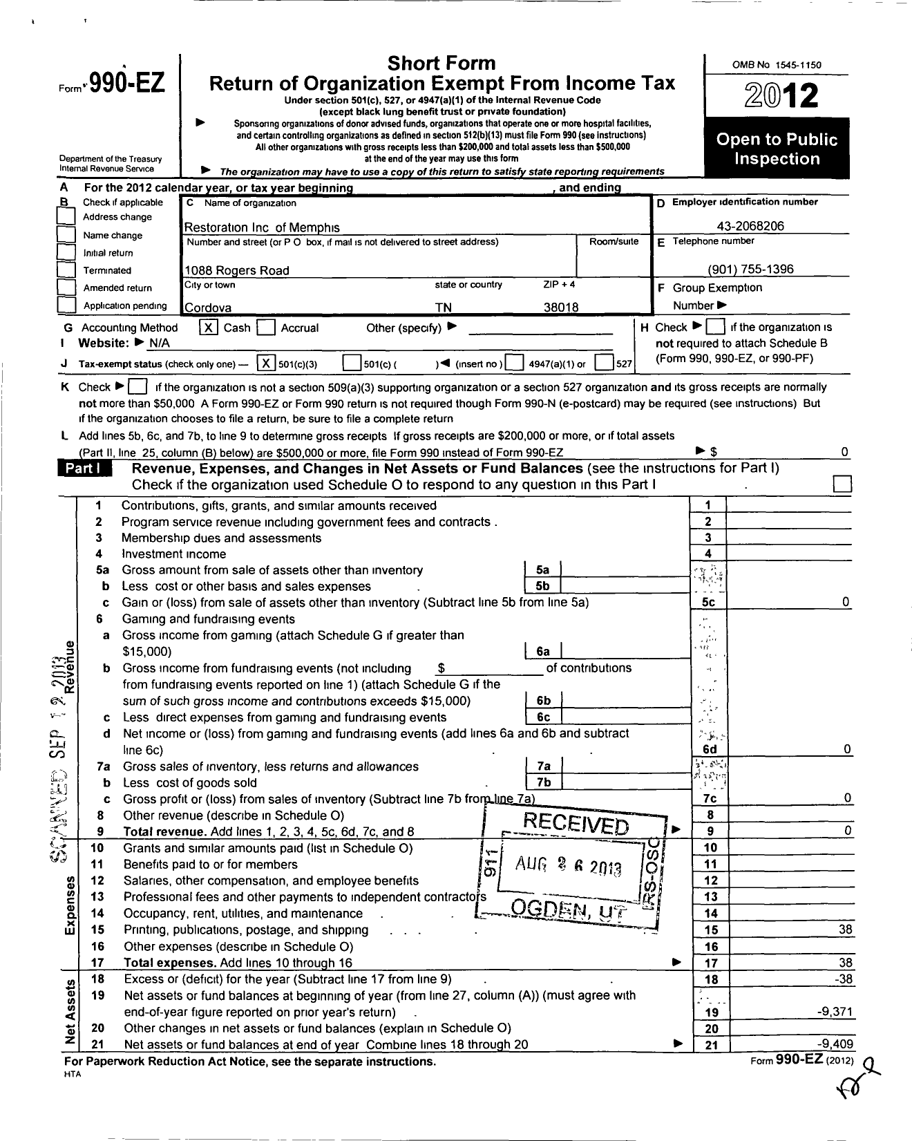 Image of first page of 2012 Form 990EZ for Restoration of Memphis