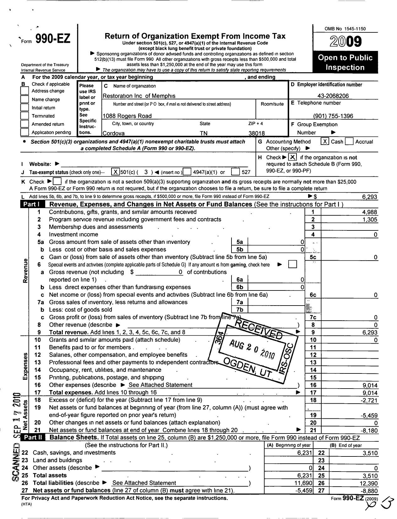 Image of first page of 2009 Form 990EZ for Restoration of Memphis