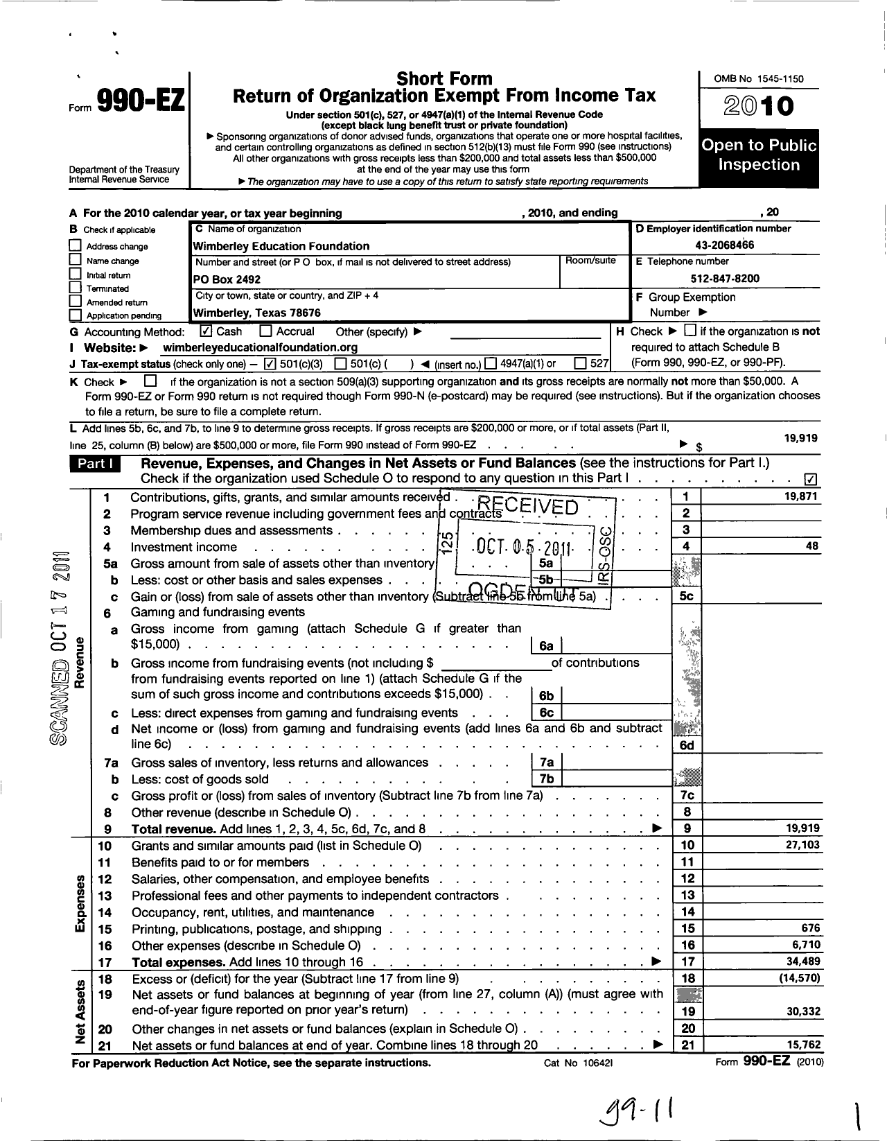 Image of first page of 2010 Form 990EZ for Wimberley Education Foundation