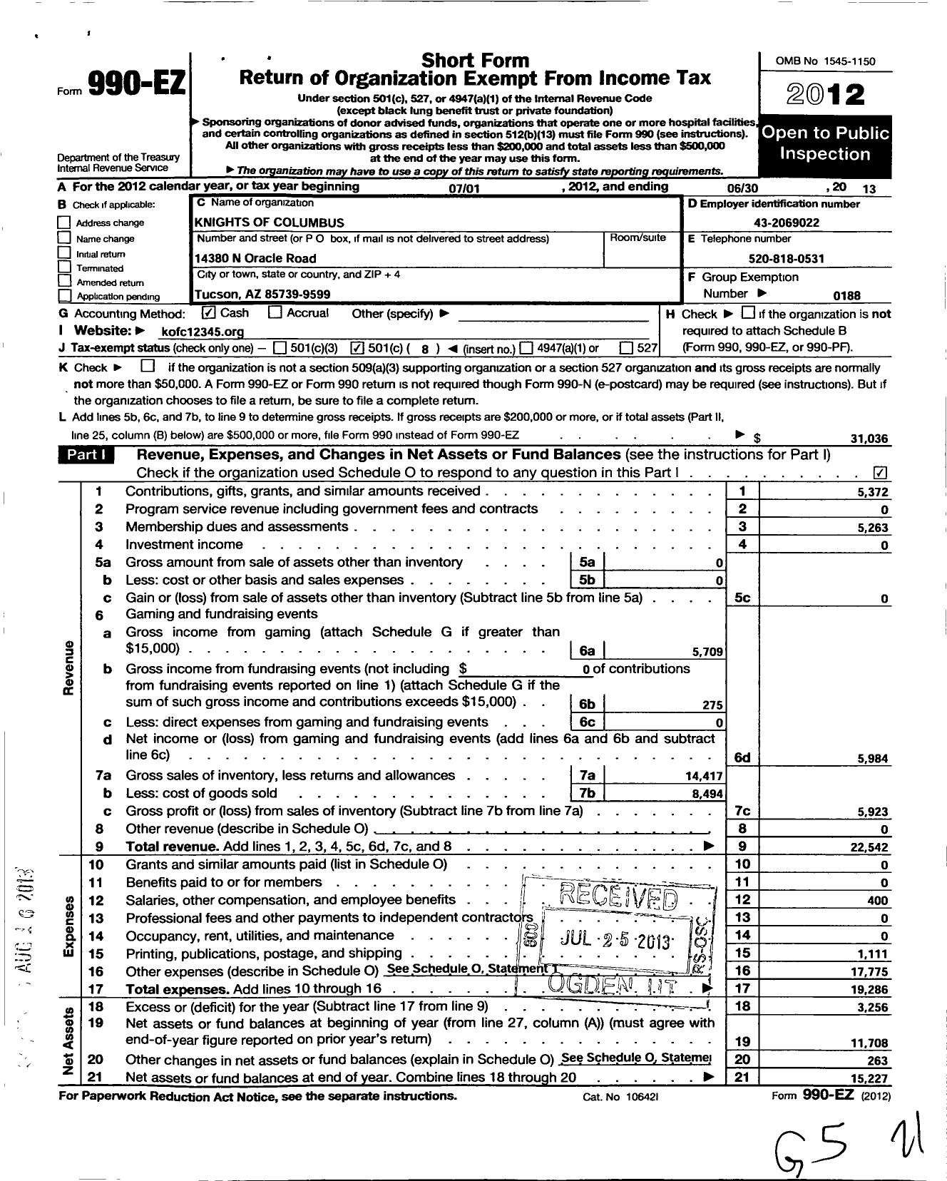 Image of first page of 2012 Form 990EO for Knights of Columbus - 12345 Santa Catalina Council