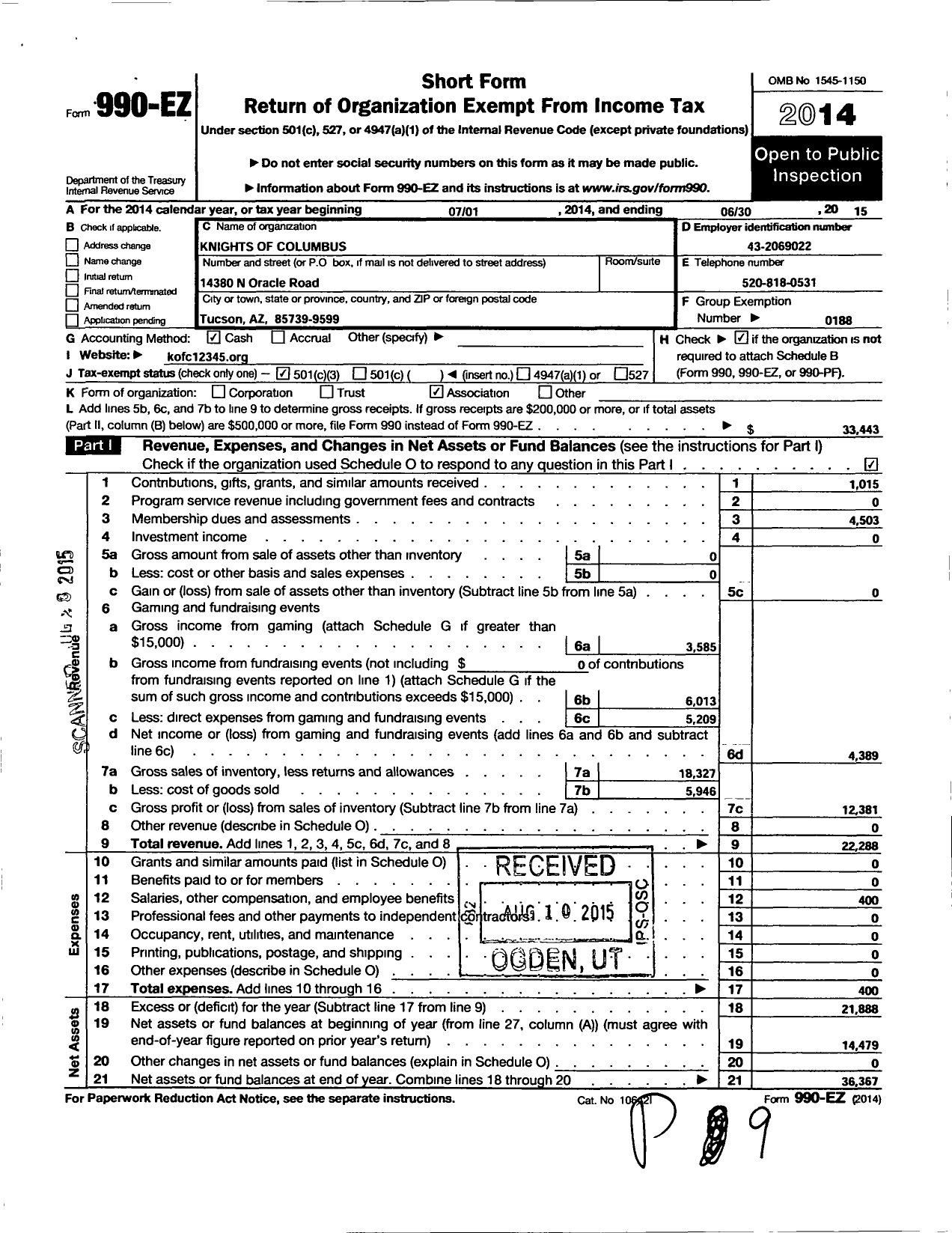 Image of first page of 2014 Form 990EZ for Knights of Columbus - 12345 Santa Catalina Council