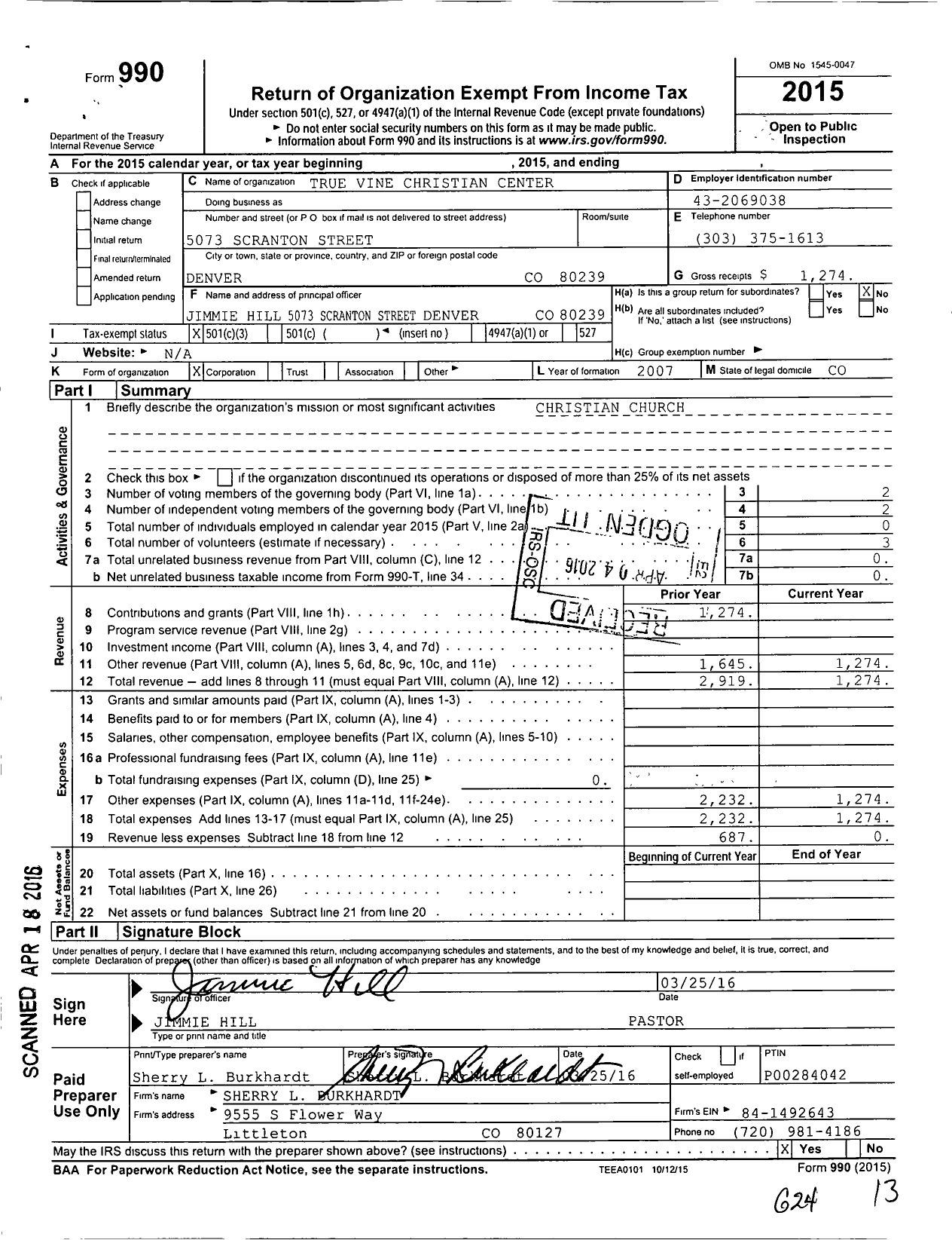 Image of first page of 2015 Form 990 for True Vine Christian Center