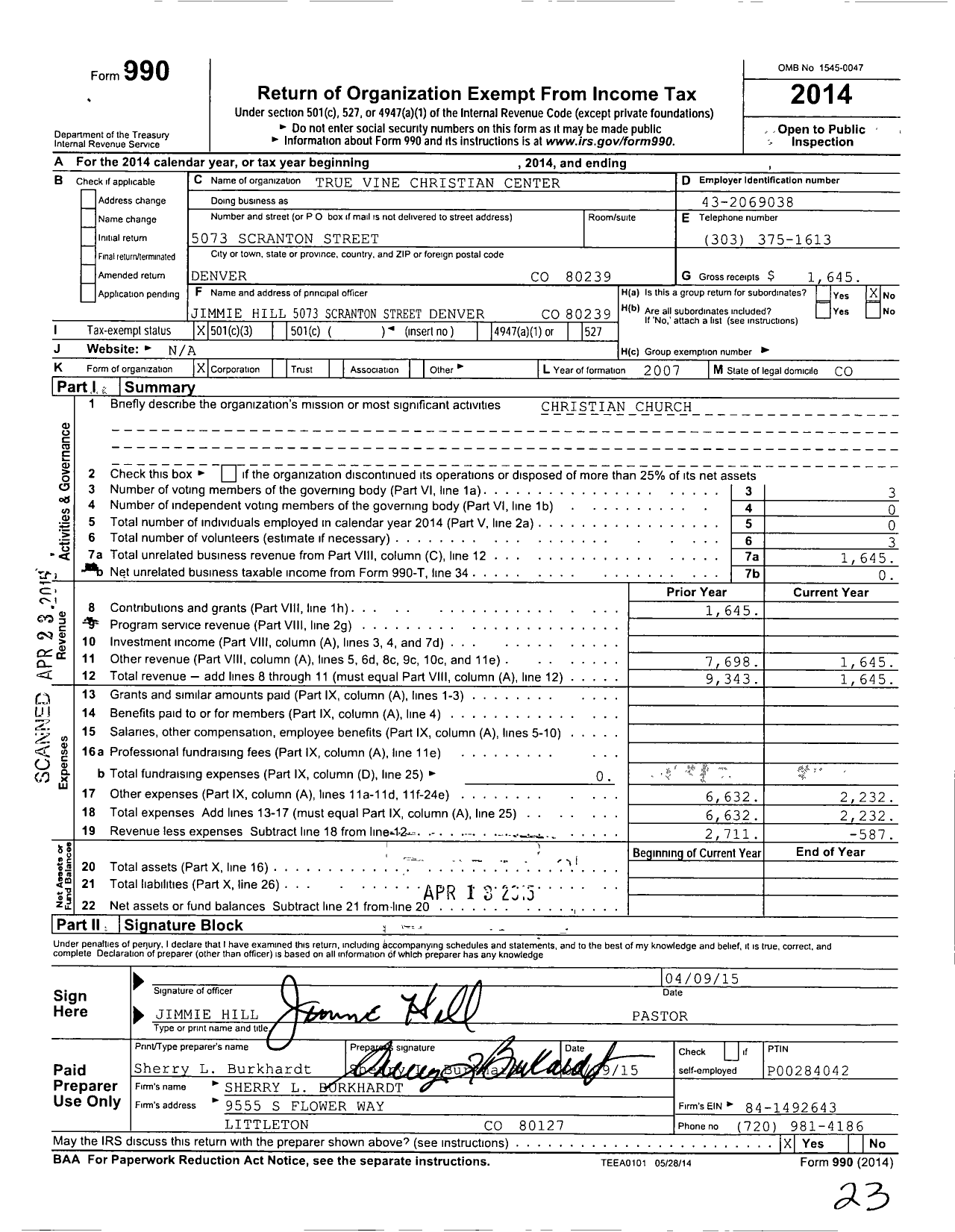 Image of first page of 2014 Form 990 for True Vine Christian Center