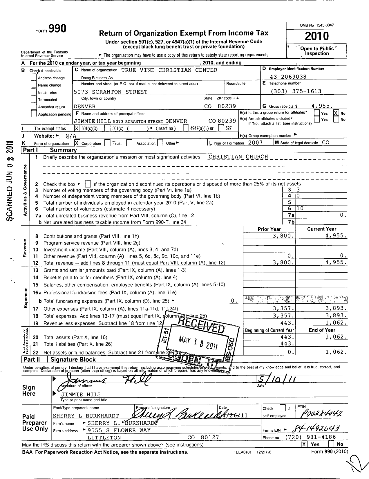 Image of first page of 2010 Form 990 for True Vine Christian Center