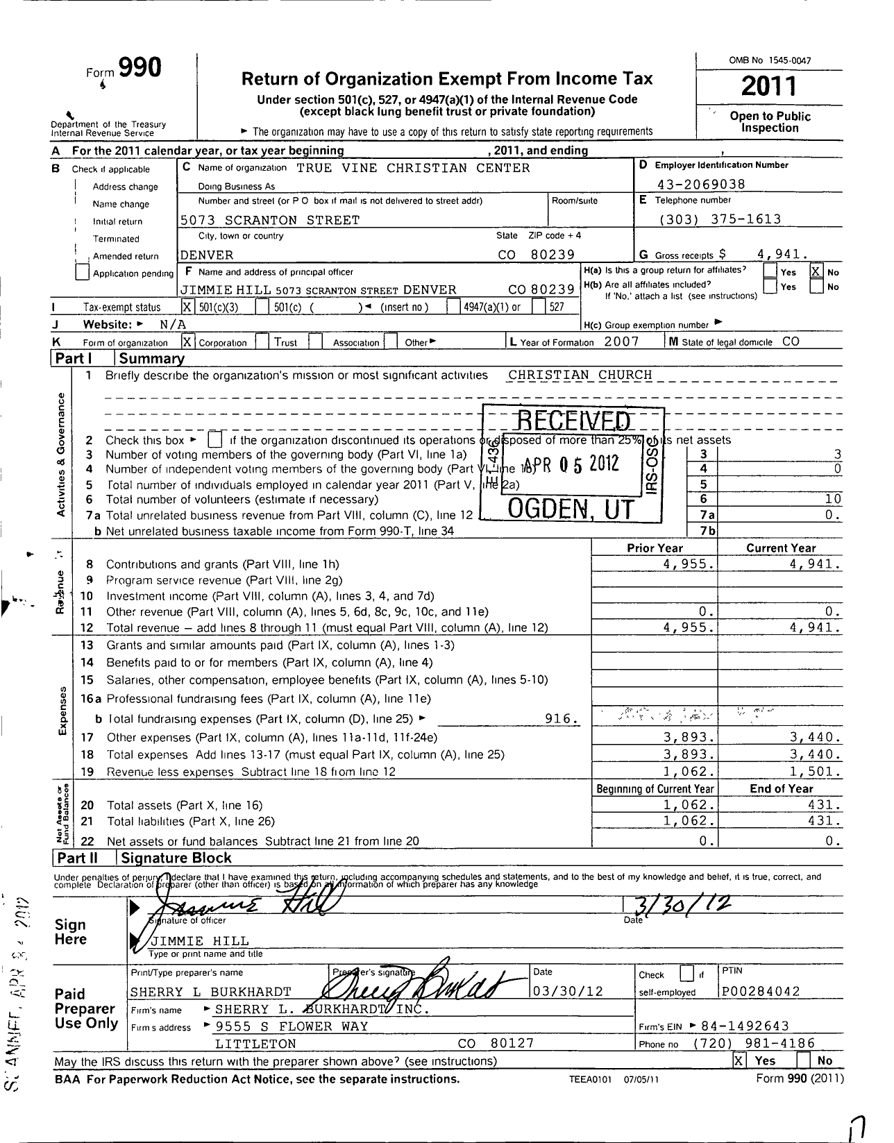 Image of first page of 2011 Form 990 for True Vine Christian Center