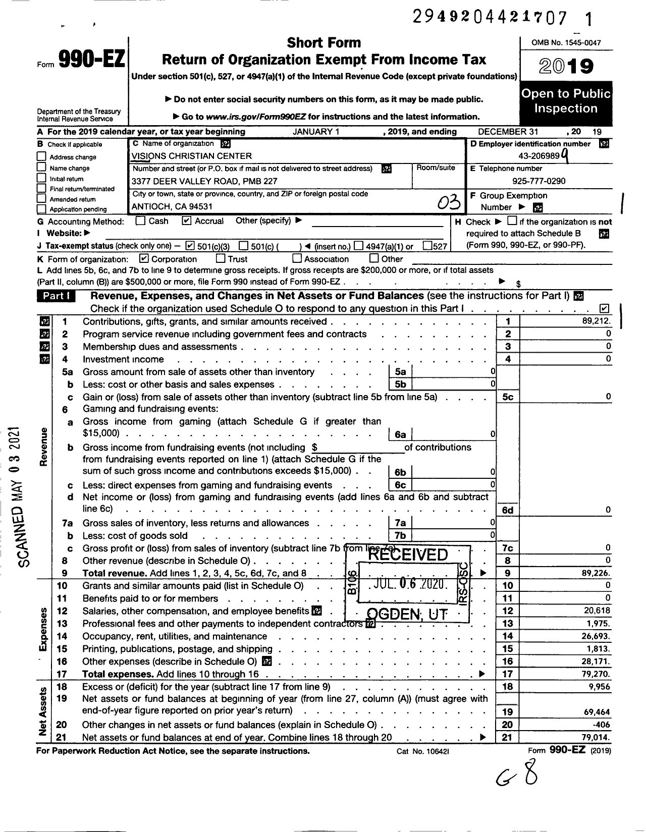 Image of first page of 2019 Form 990EZ for Visions Christian Center