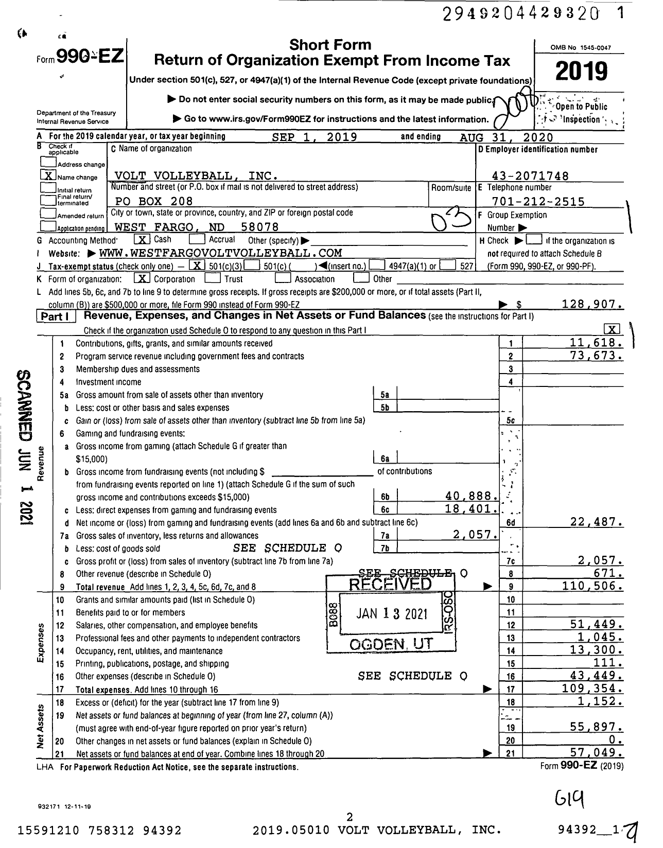 Image of first page of 2019 Form 990EZ for Volt Volleyball