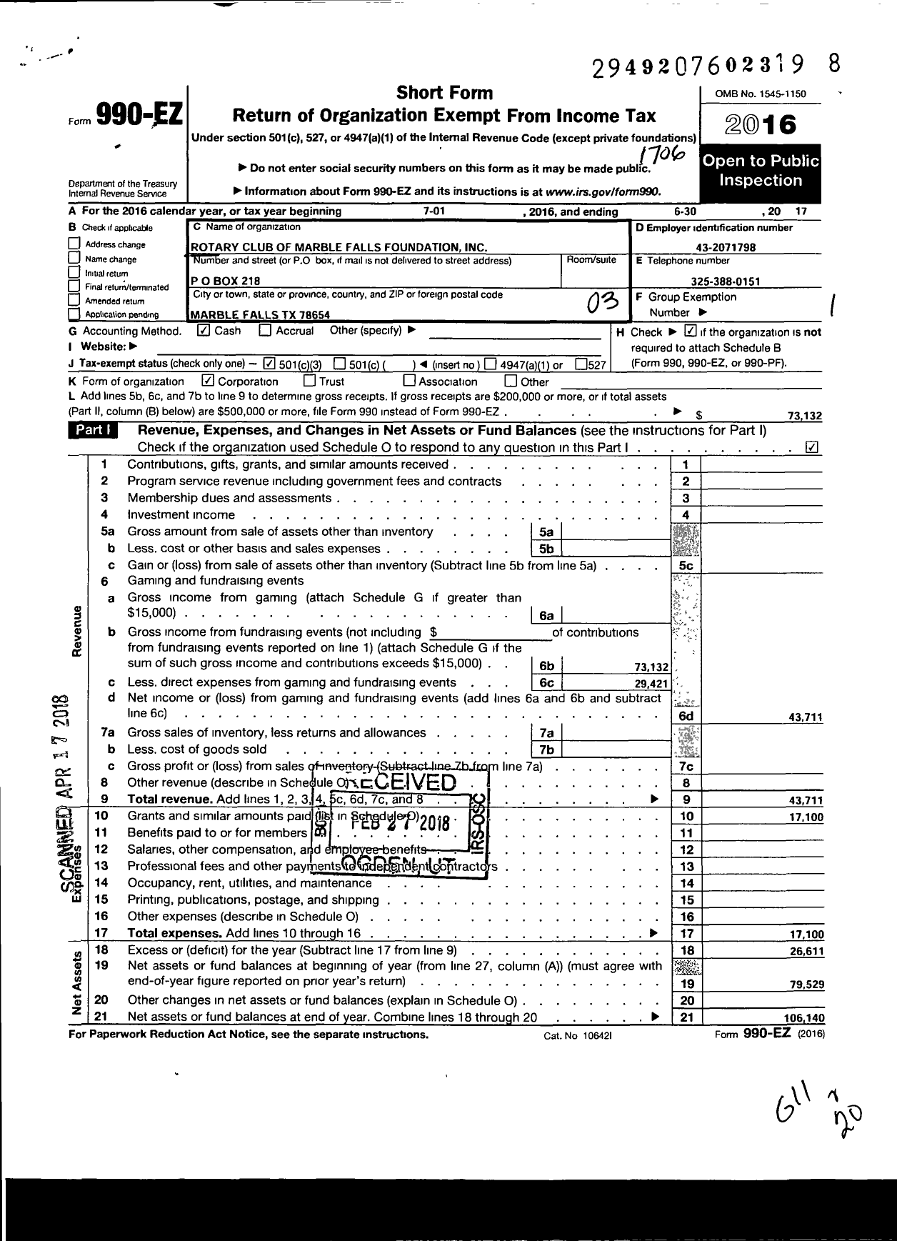 Image of first page of 2016 Form 990EZ for Rotary Club of Marble Falls Foundation