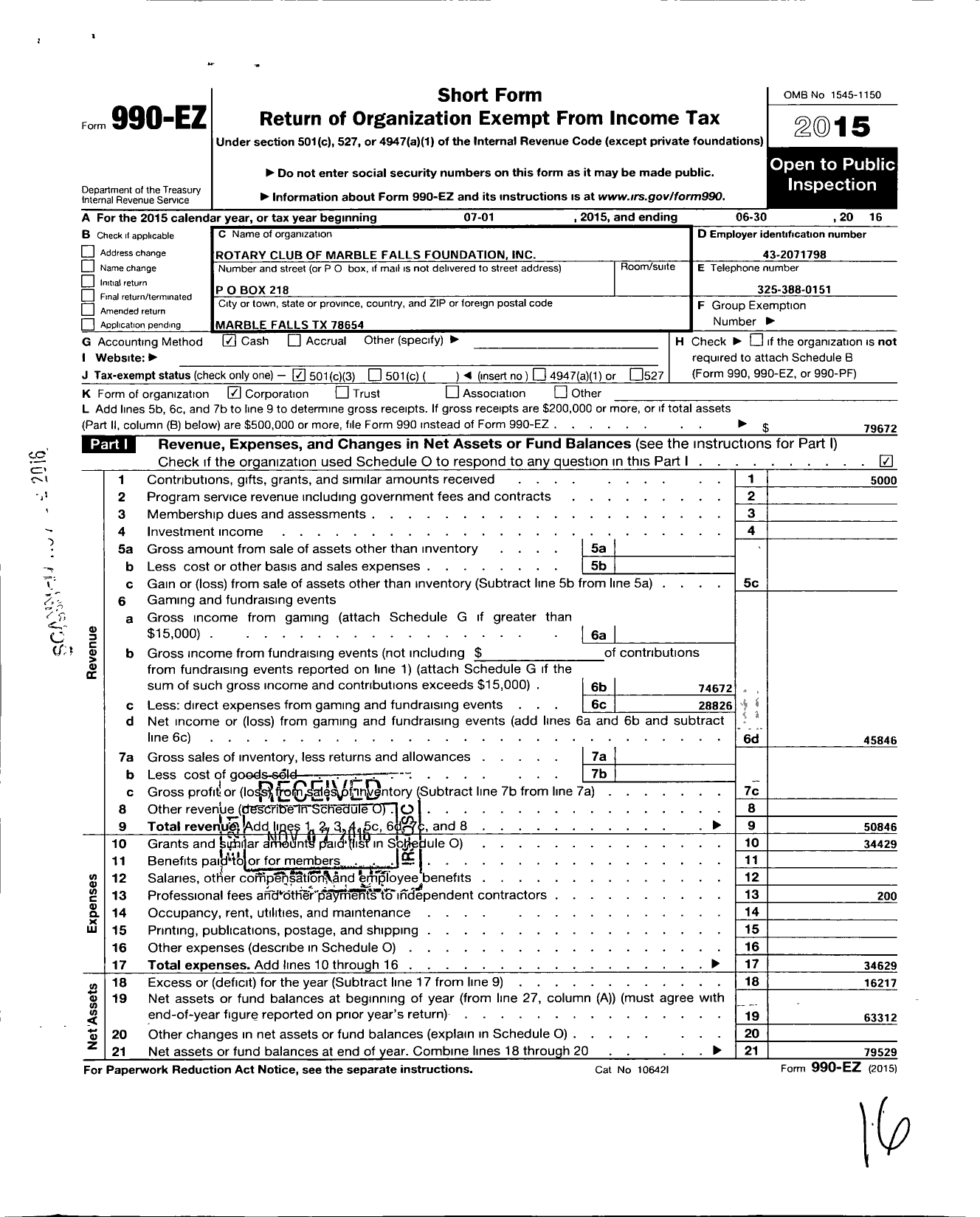 Image of first page of 2015 Form 990EZ for Rotary Club of Marble Falls Foundation