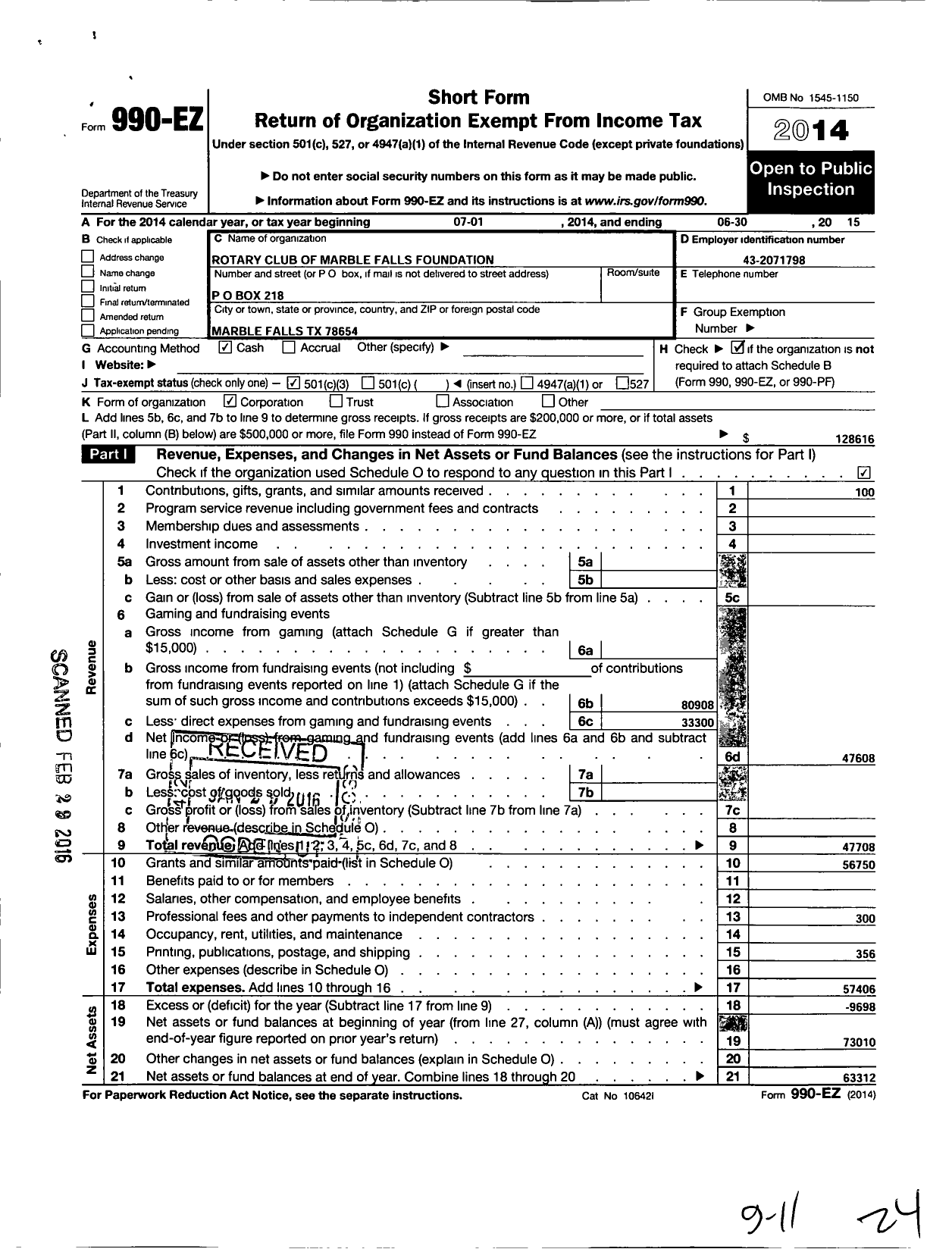 Image of first page of 2014 Form 990EZ for Rotary Club of Marble Falls Foundation