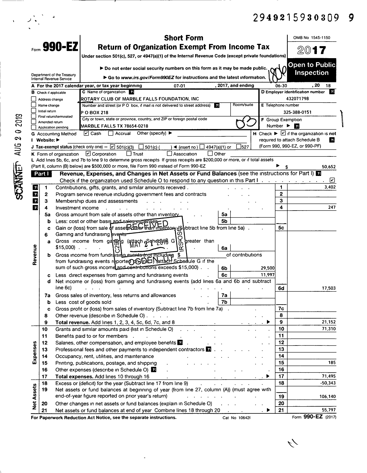 Image of first page of 2017 Form 990EZ for Rotary Club of Marble Falls Foundation