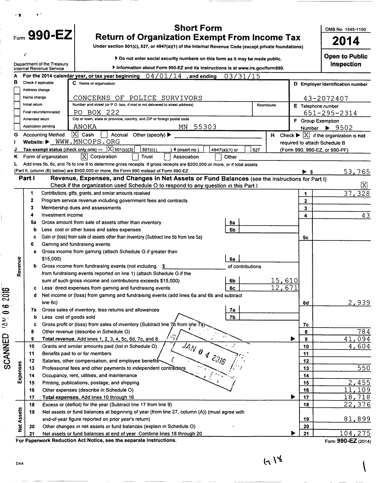 Image of first page of 2014 Form 990EZ for Concerns of Police Survivors / Minnesota Cops Chapter