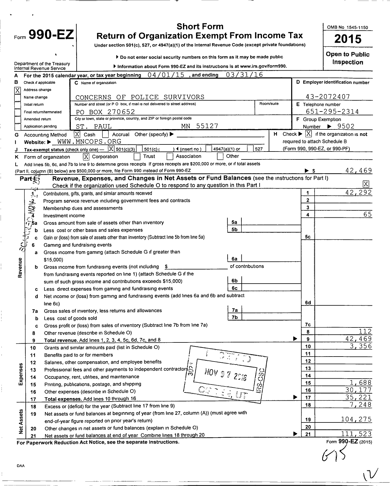 Image of first page of 2015 Form 990EZ for Concerns of Police Survivors / Minnesota Cops Chapter