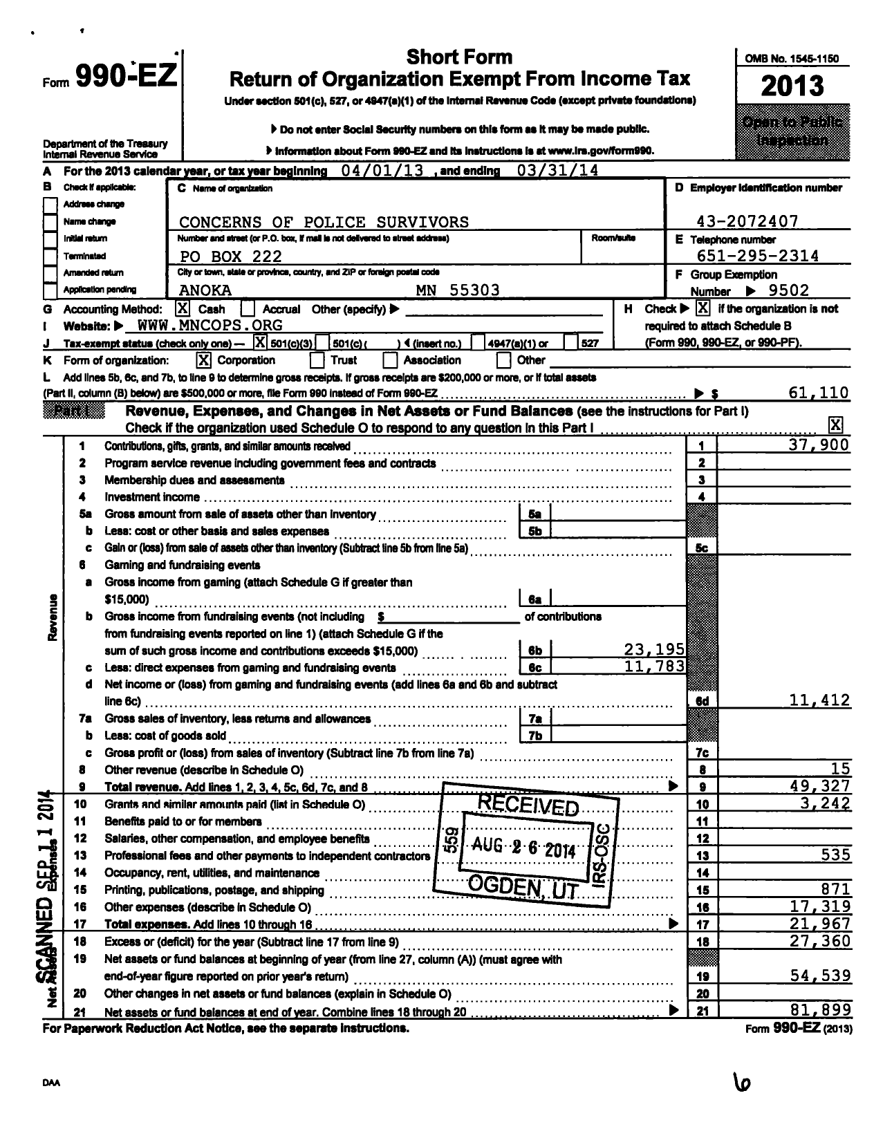 Image of first page of 2013 Form 990EZ for Concerns of Police Survivors / Minnesota Cops Chapter