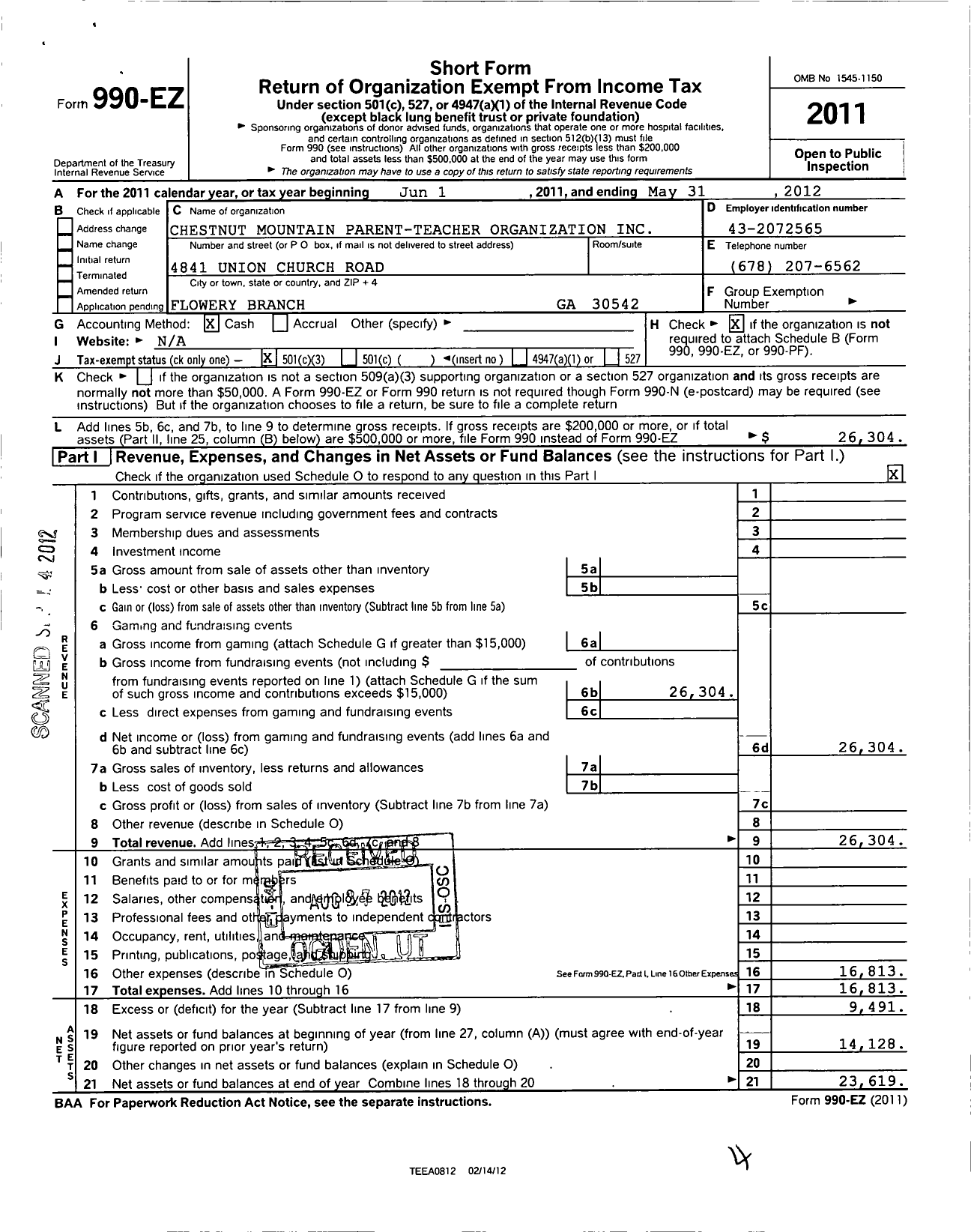 Image of first page of 2011 Form 990EZ for Chestnut Mountain Elementary School Pto