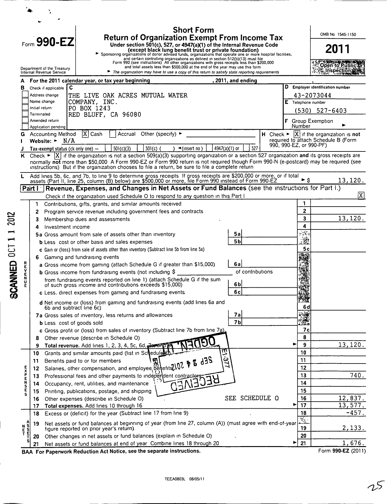 Image of first page of 2011 Form 990EO for Live Oak Acres Mutual Water Company