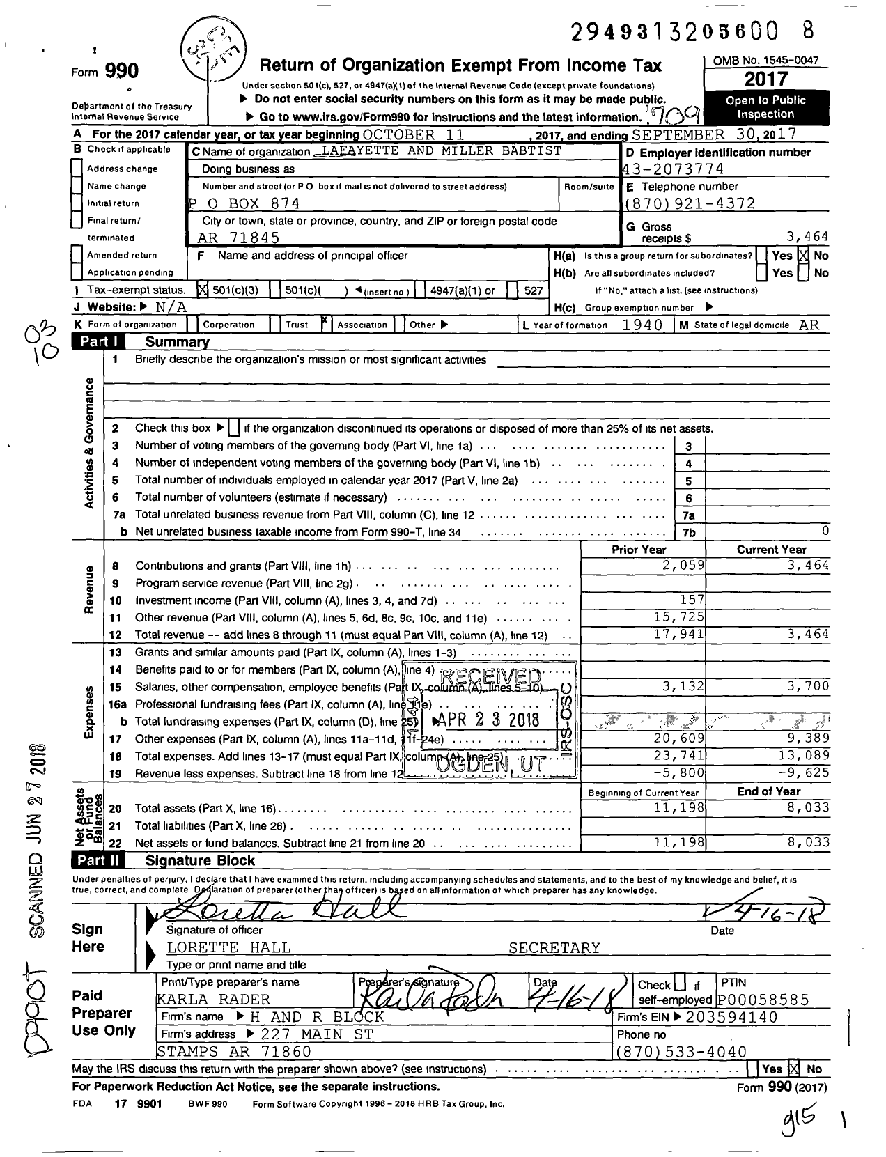 Image of first page of 2016 Form 990 for Lafayette and Miller Baptist