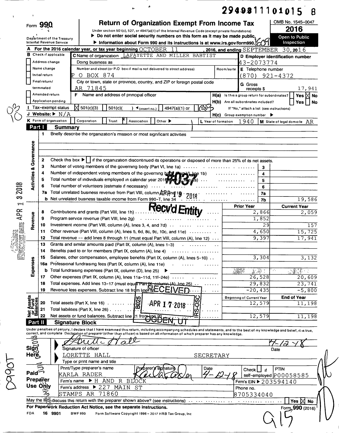Image of first page of 2015 Form 990 for Lafayette and Miller Baptist