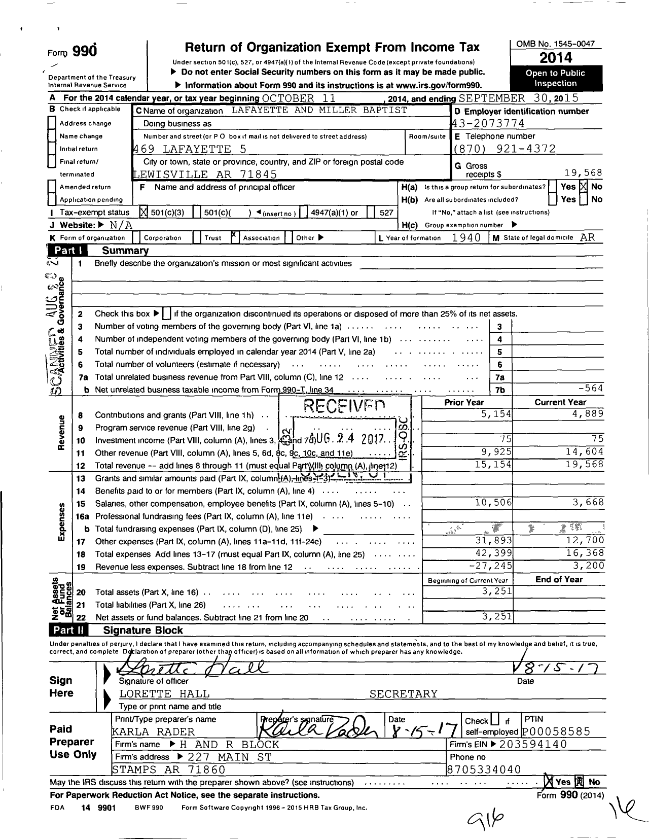 Image of first page of 2014 Form 990 for Lafayette and Miller Baptist