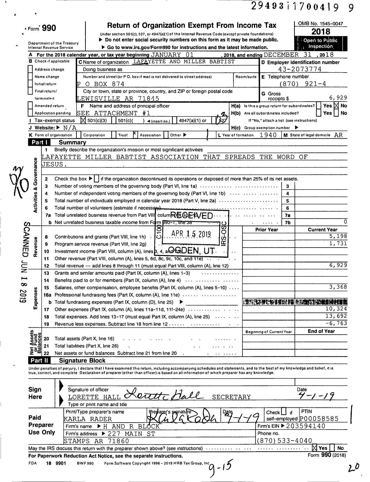 Image of first page of 2018 Form 990 for Lafayette and Miller Baptist