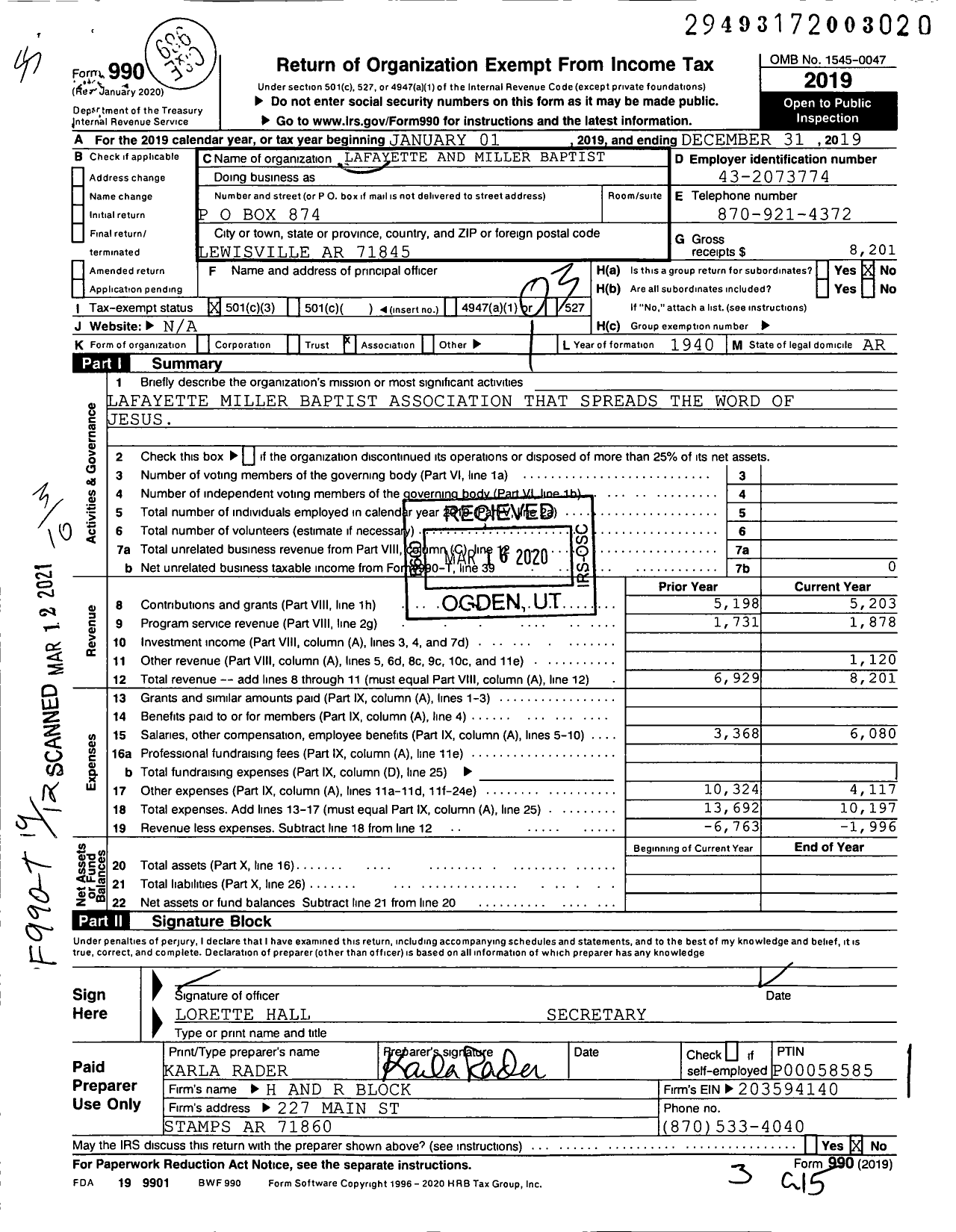 Image of first page of 2019 Form 990 for Lafayette and Miller Baptist