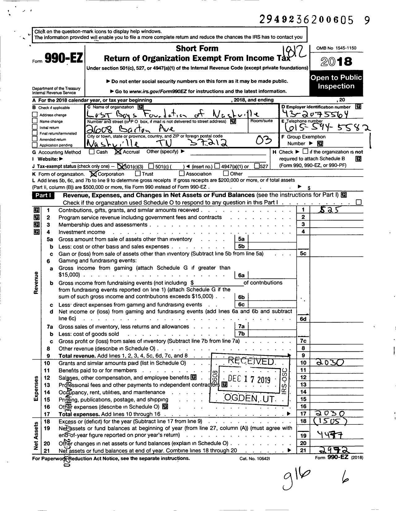 Image of first page of 2018 Form 990EZ for Lost Boys Foundation of Nashville