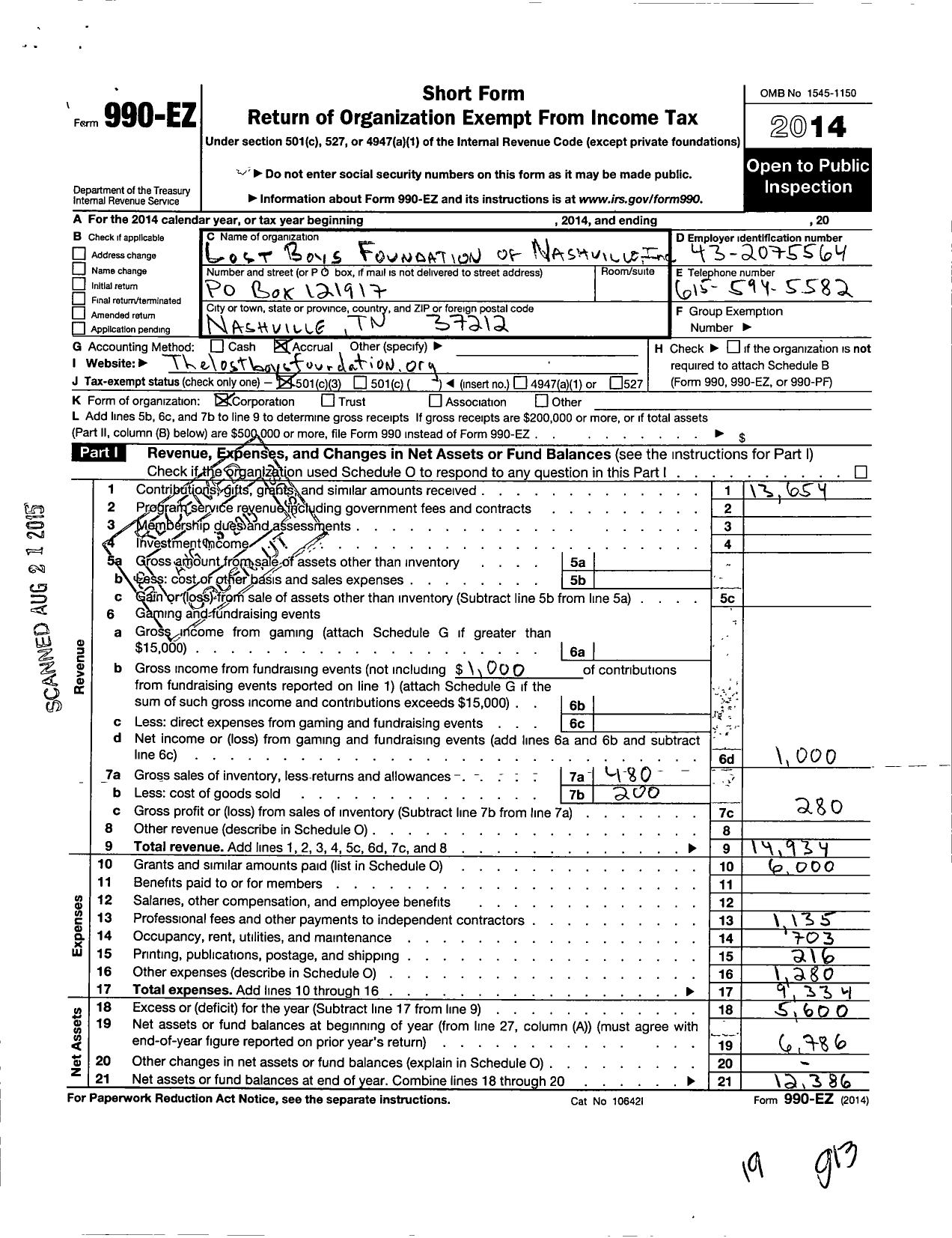 Image of first page of 2014 Form 990EZ for Lost Boys Foundation of Nashville