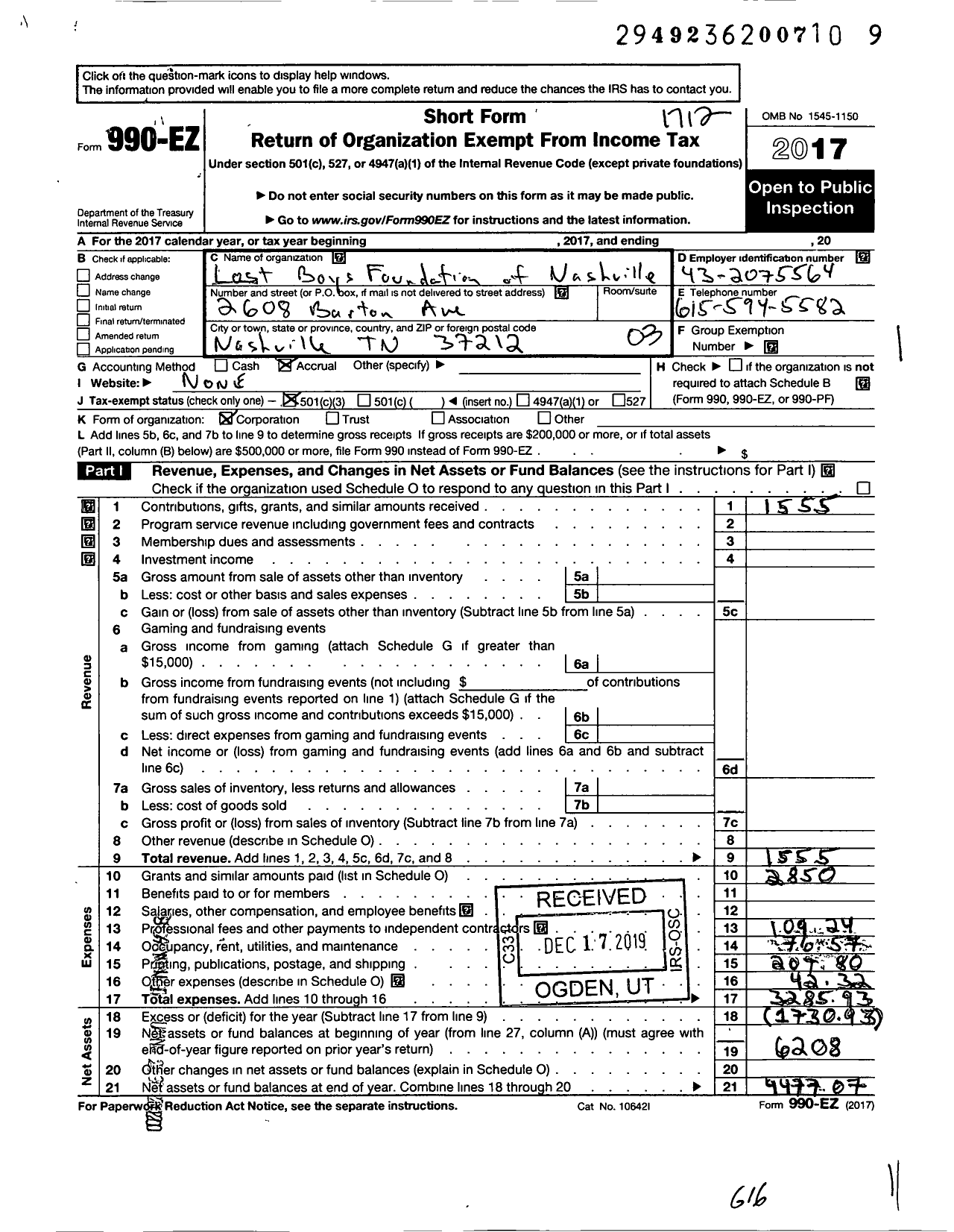 Image of first page of 2017 Form 990EZ for Lost Boys Foundation of Nashville