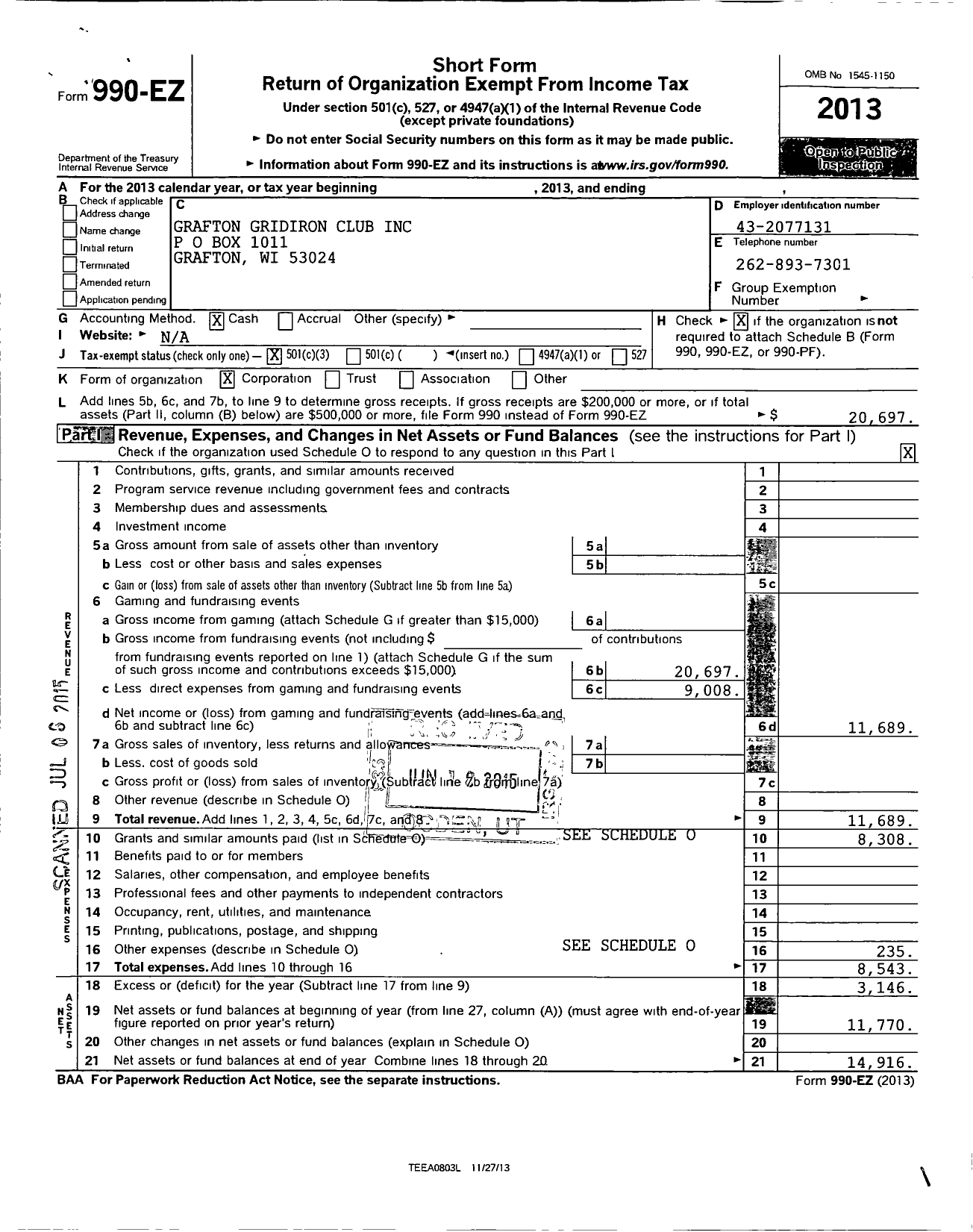 Image of first page of 2013 Form 990EZ for Grafton Gridiron Club