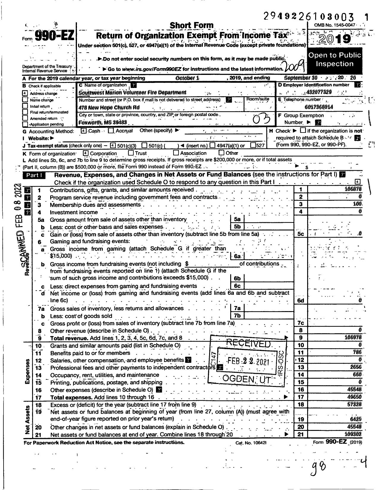 Image of first page of 2019 Form 990EZ for Southwest Volunteer Fire Department