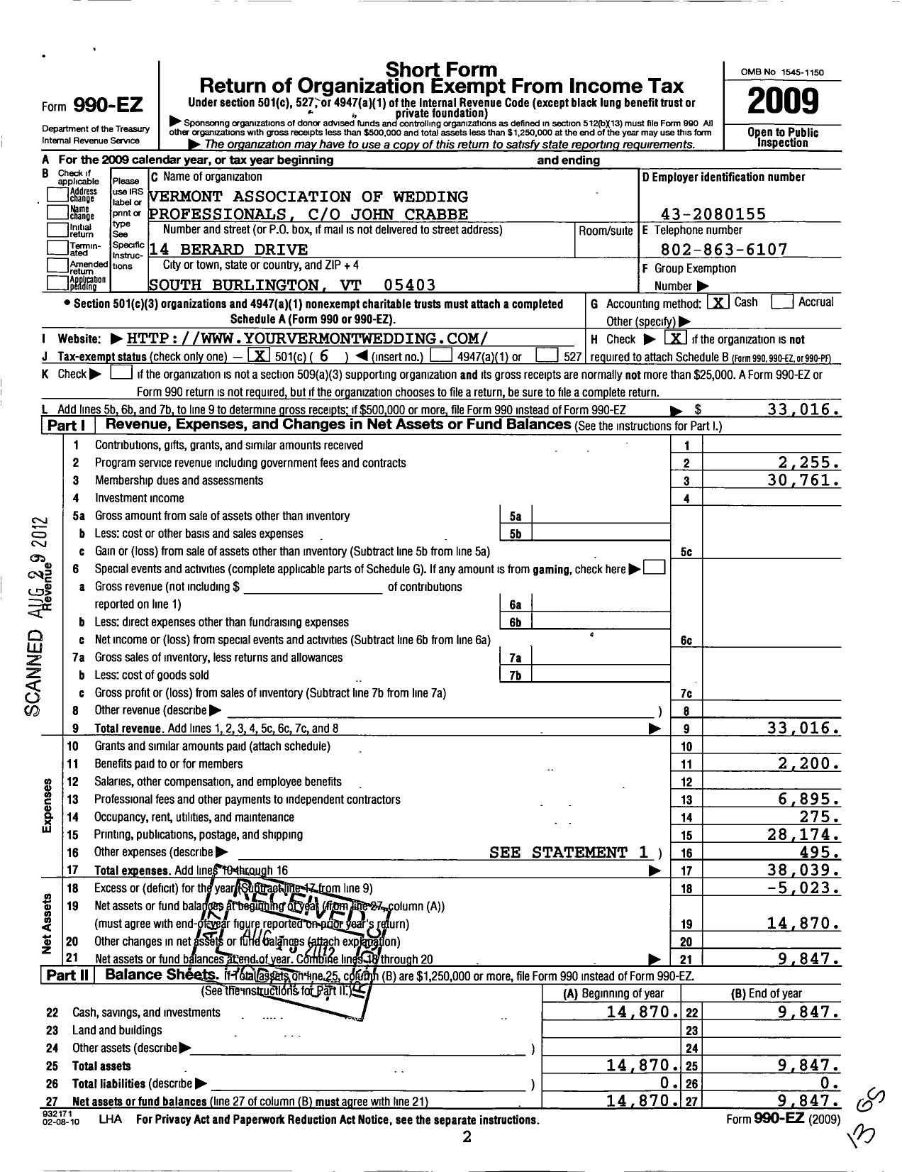 Image of first page of 2009 Form 990EO for Vermont Association of Wedding Professionals