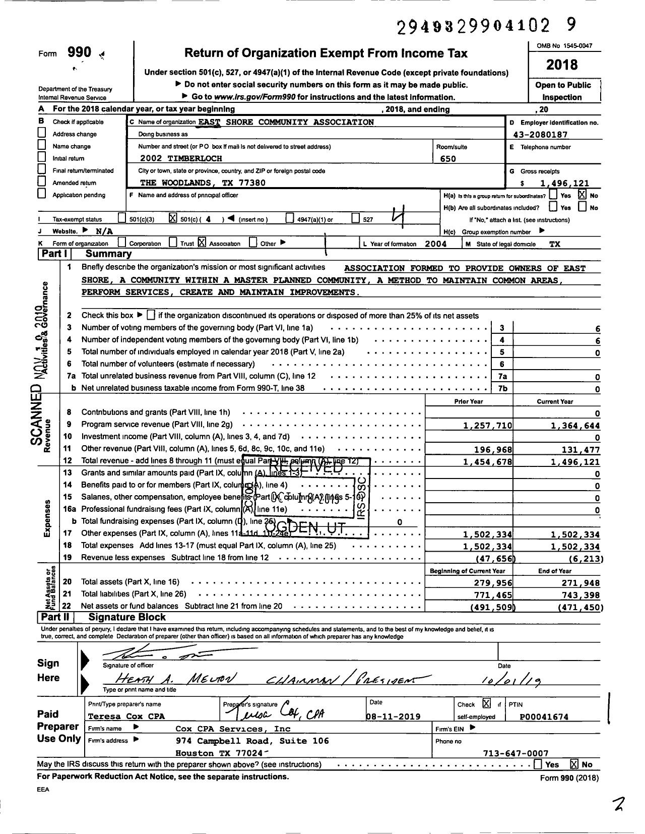 Image of first page of 2018 Form 990O for East Shore Community Association