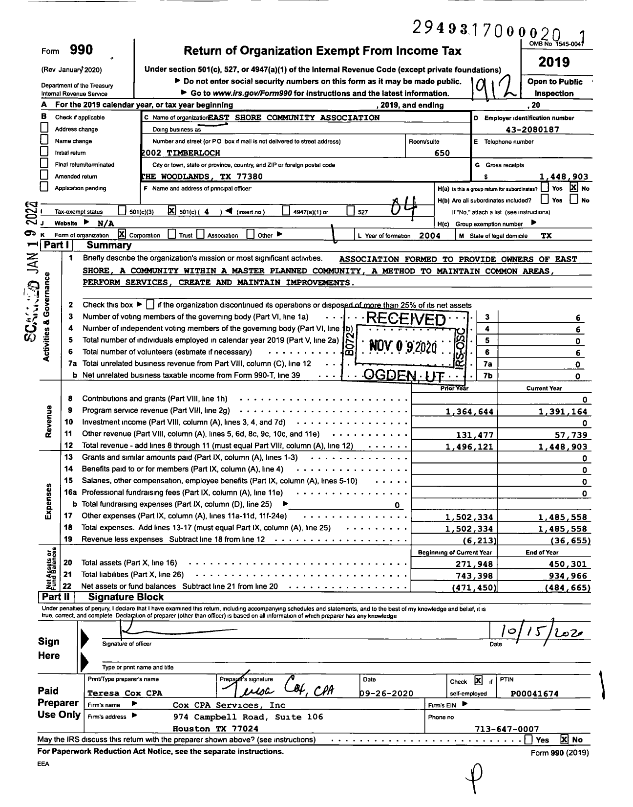 Image of first page of 2019 Form 990O for East Shore Community Association