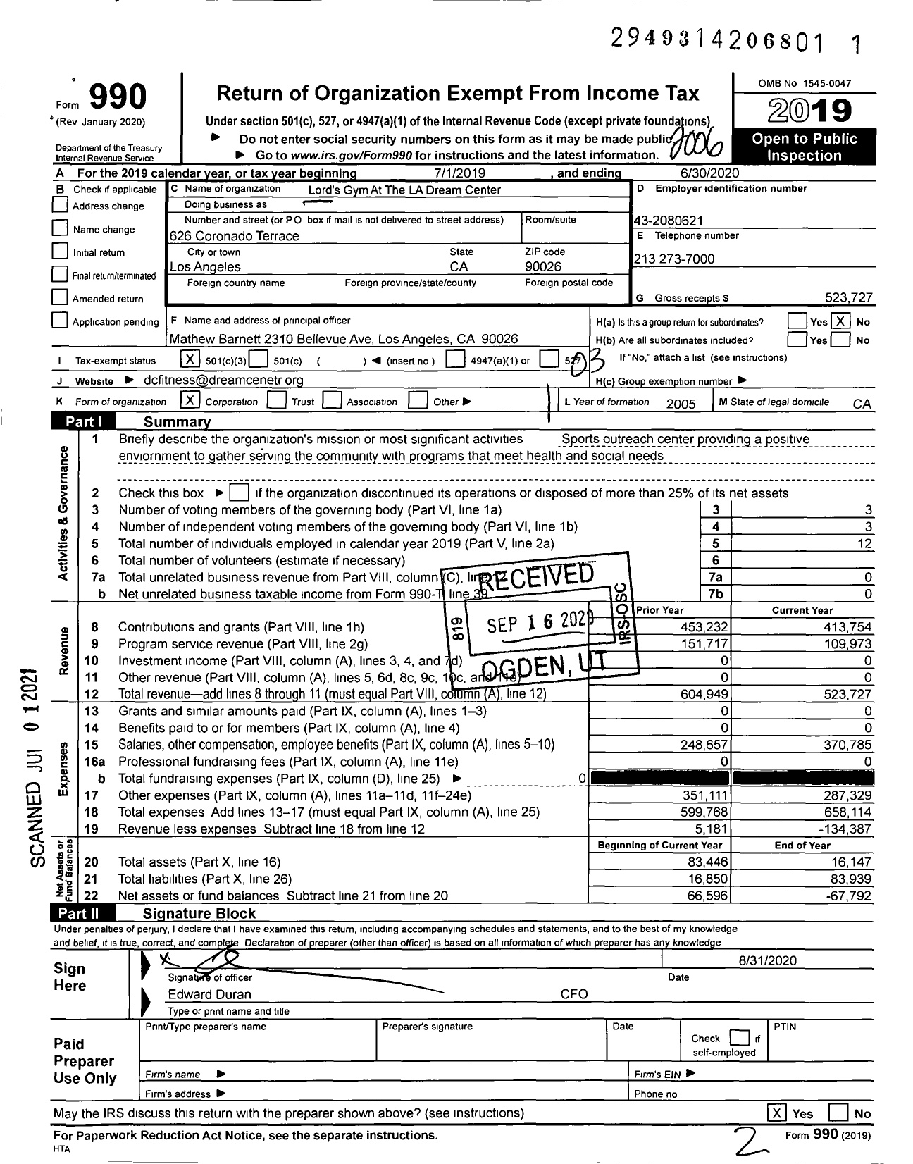 Image of first page of 2019 Form 990 for Lords Gym at the La Dream Center