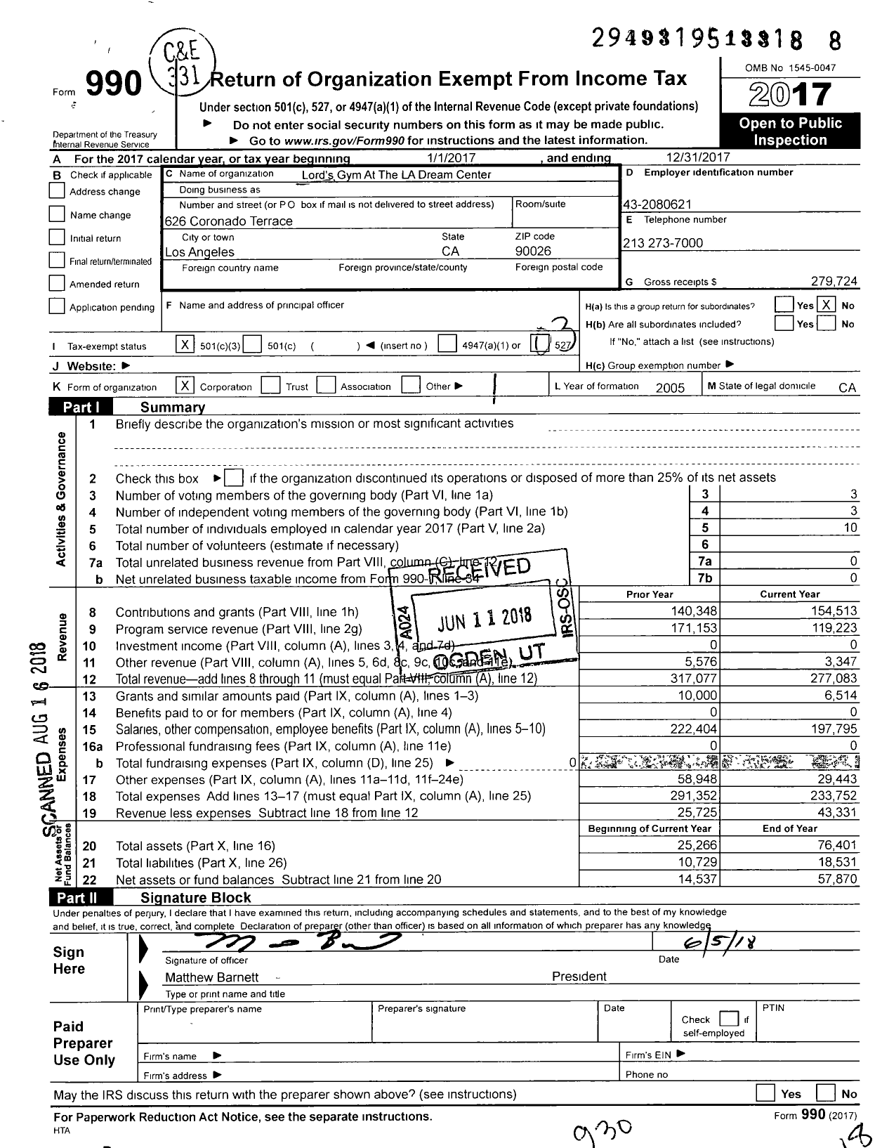 Image of first page of 2017 Form 990 for Lords Gym at the La Dream Center