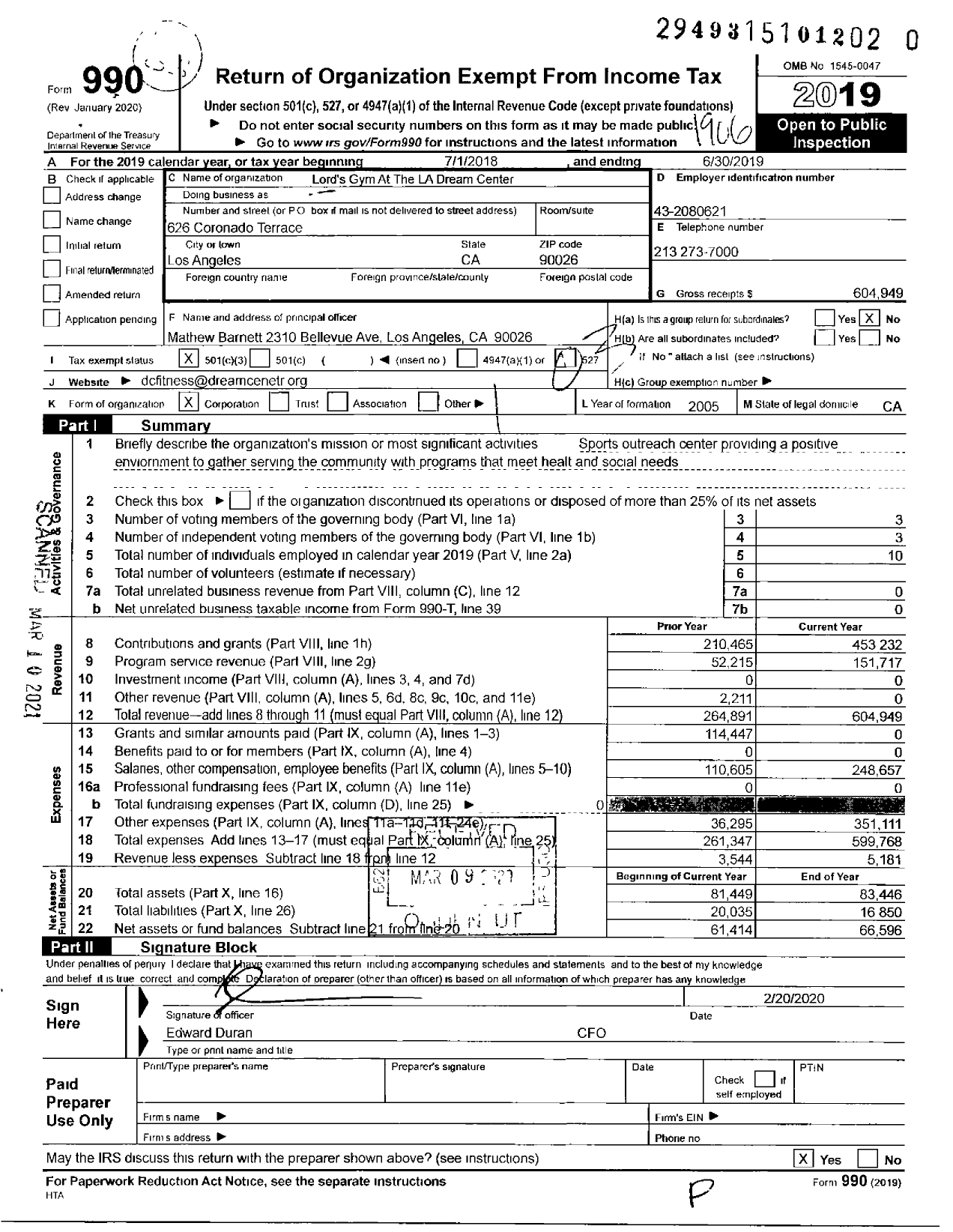 Image of first page of 2018 Form 990 for Lords Gym at the La Dream Center