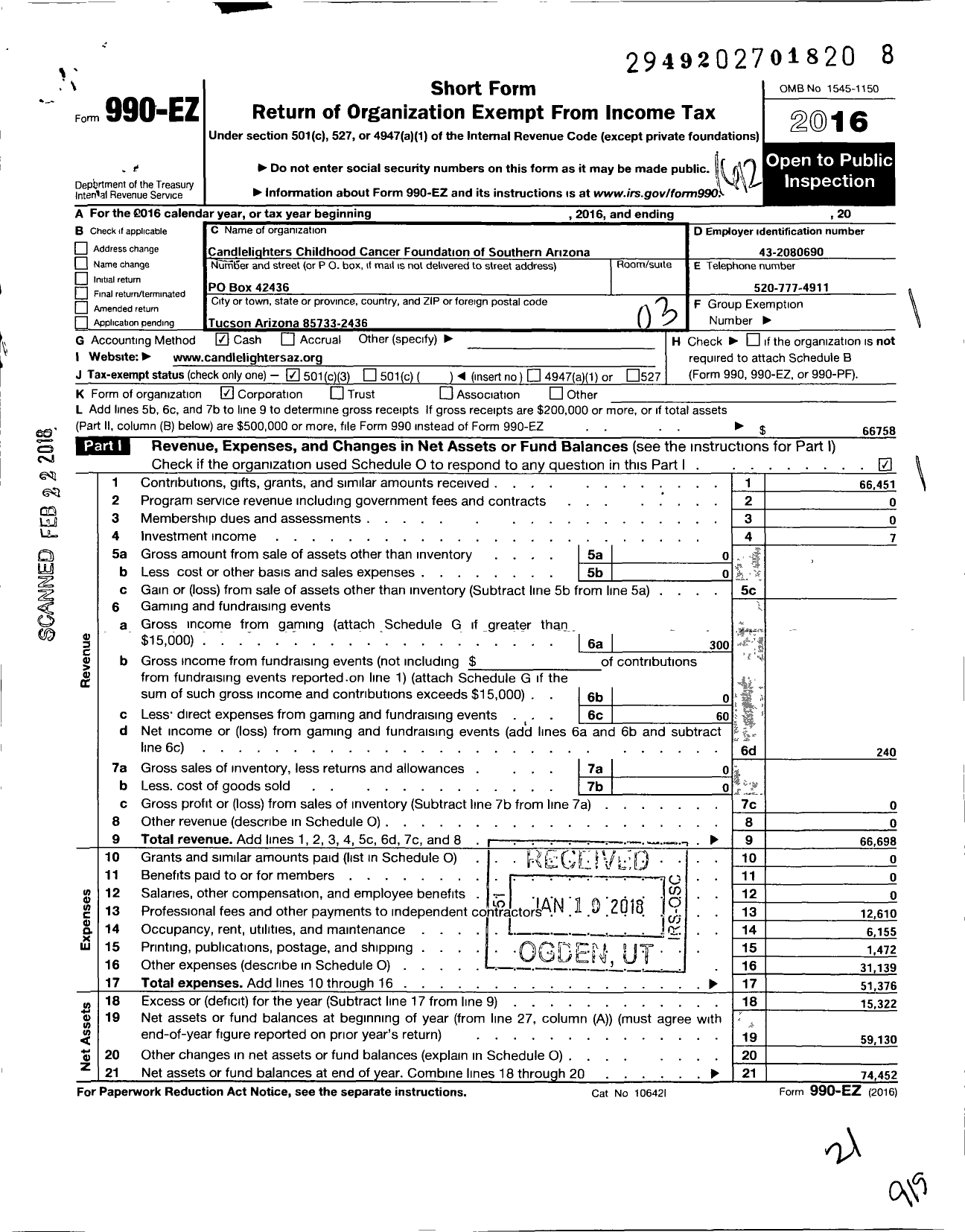 Image of first page of 2016 Form 990EZ for Candlelighters Childhood Cancer Foundation of Southern Arizona