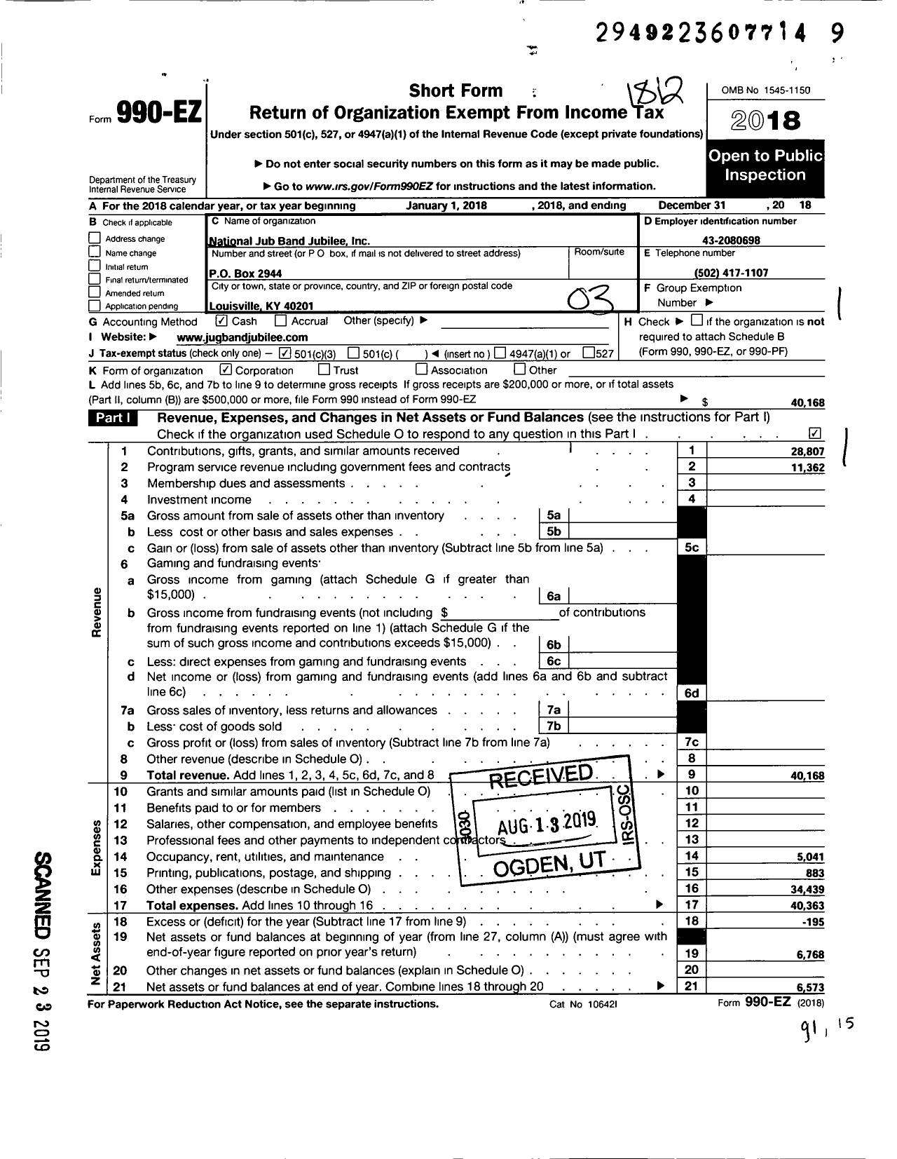 Image of first page of 2018 Form 990EZ for National Jug Band Jubilee