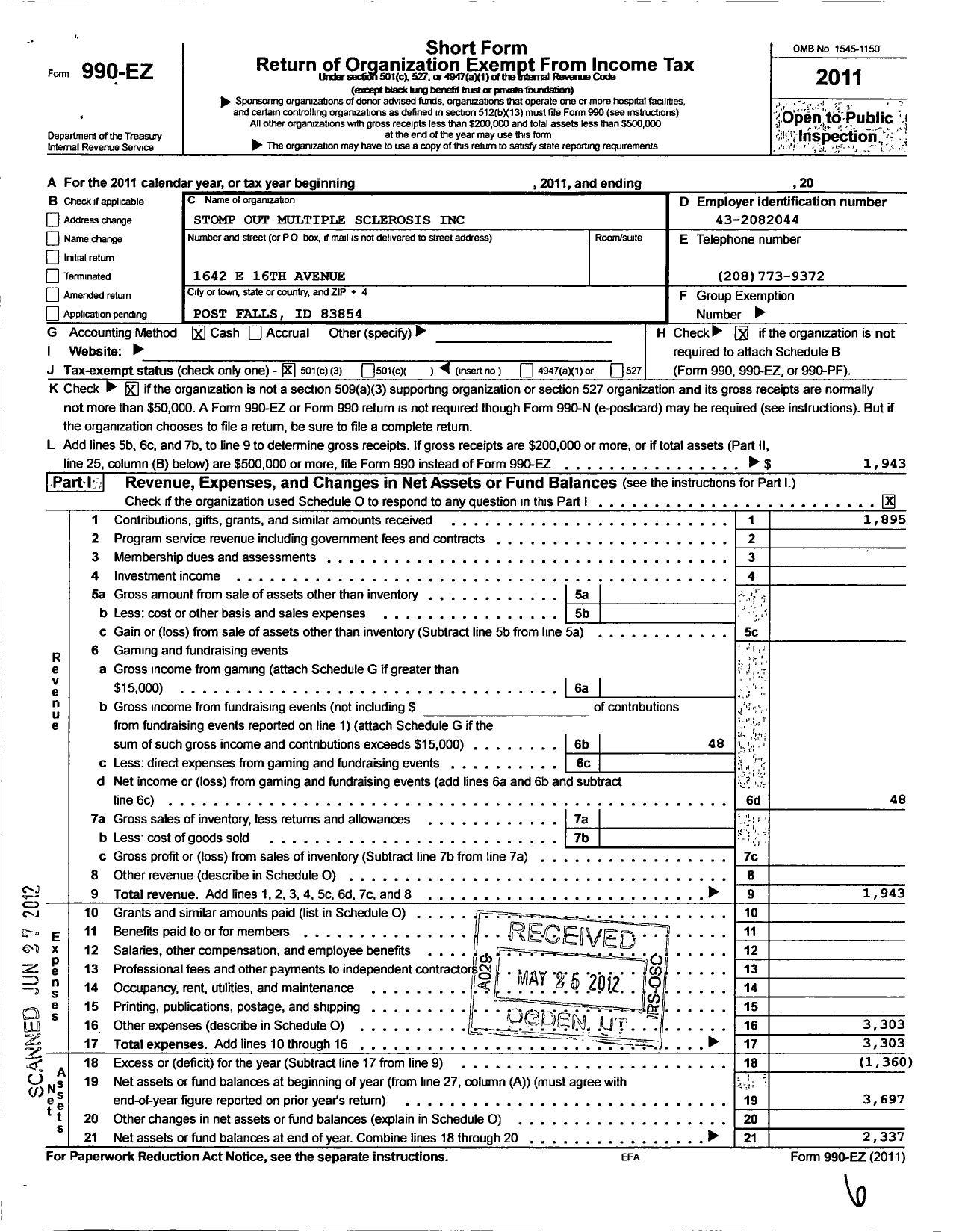 Image of first page of 2011 Form 990EZ for Stomp Out Multiple Sclerosis