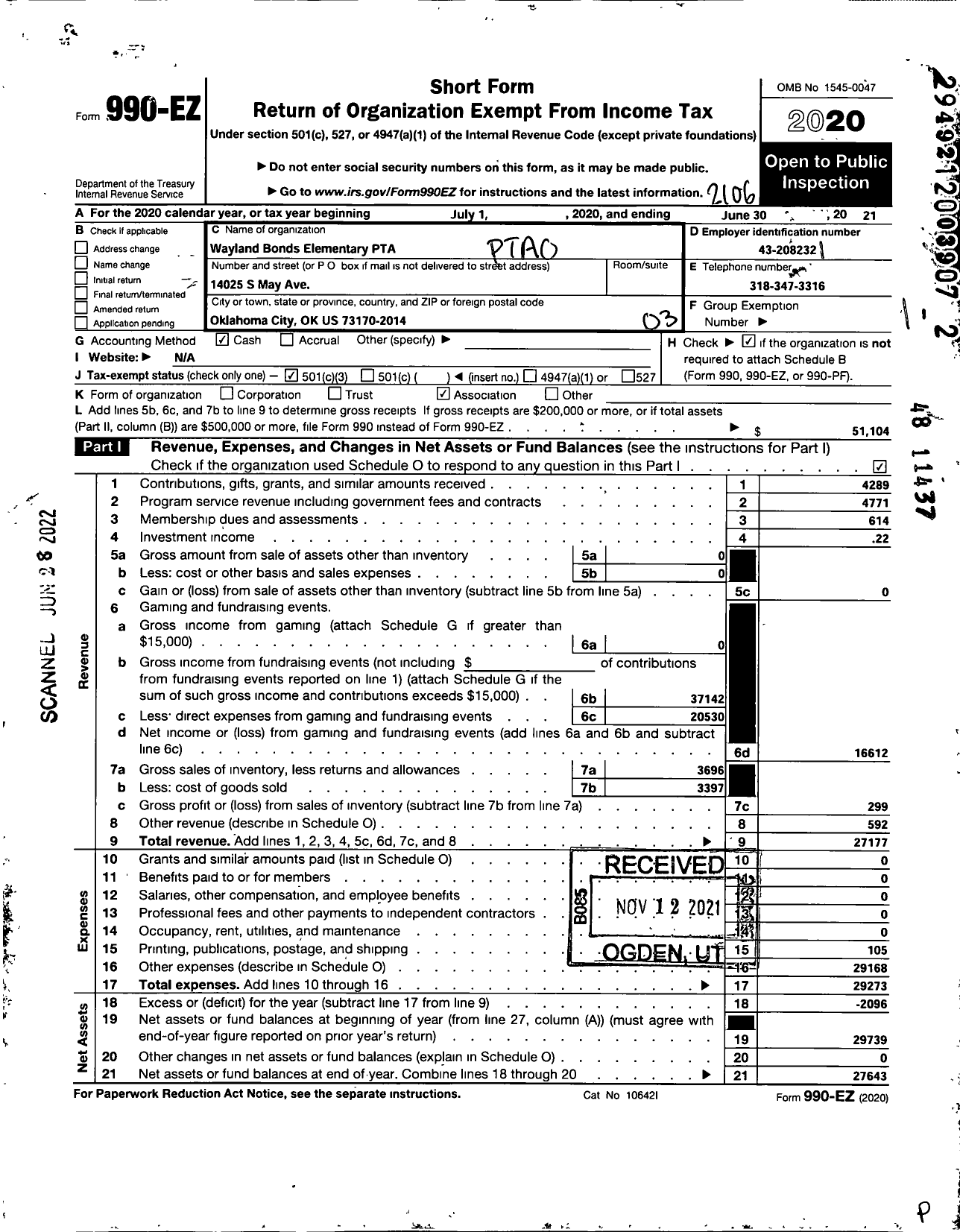 Image of first page of 2020 Form 990EZ for PTA Oklahoma Congress / Wayland Bonds Elementary PTA