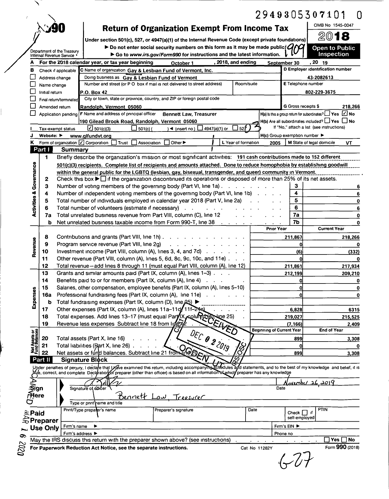 Image of first page of 2018 Form 990 for Gay & Lesbian Fund of Vermont