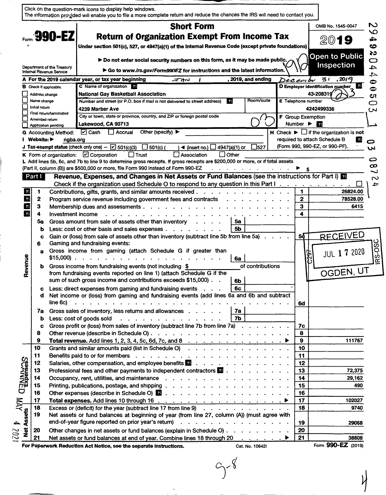 Image of first page of 2019 Form 990EZ for National Gay Basketball Association