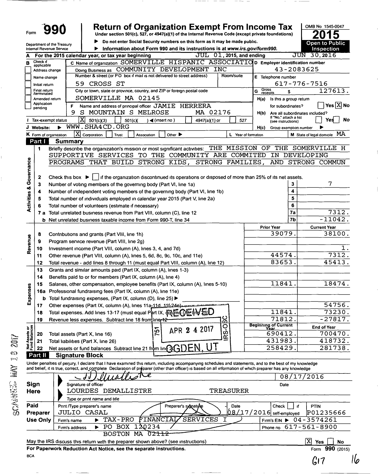 Image of first page of 2015 Form 990 for Somerville Hispanic Association Community Development